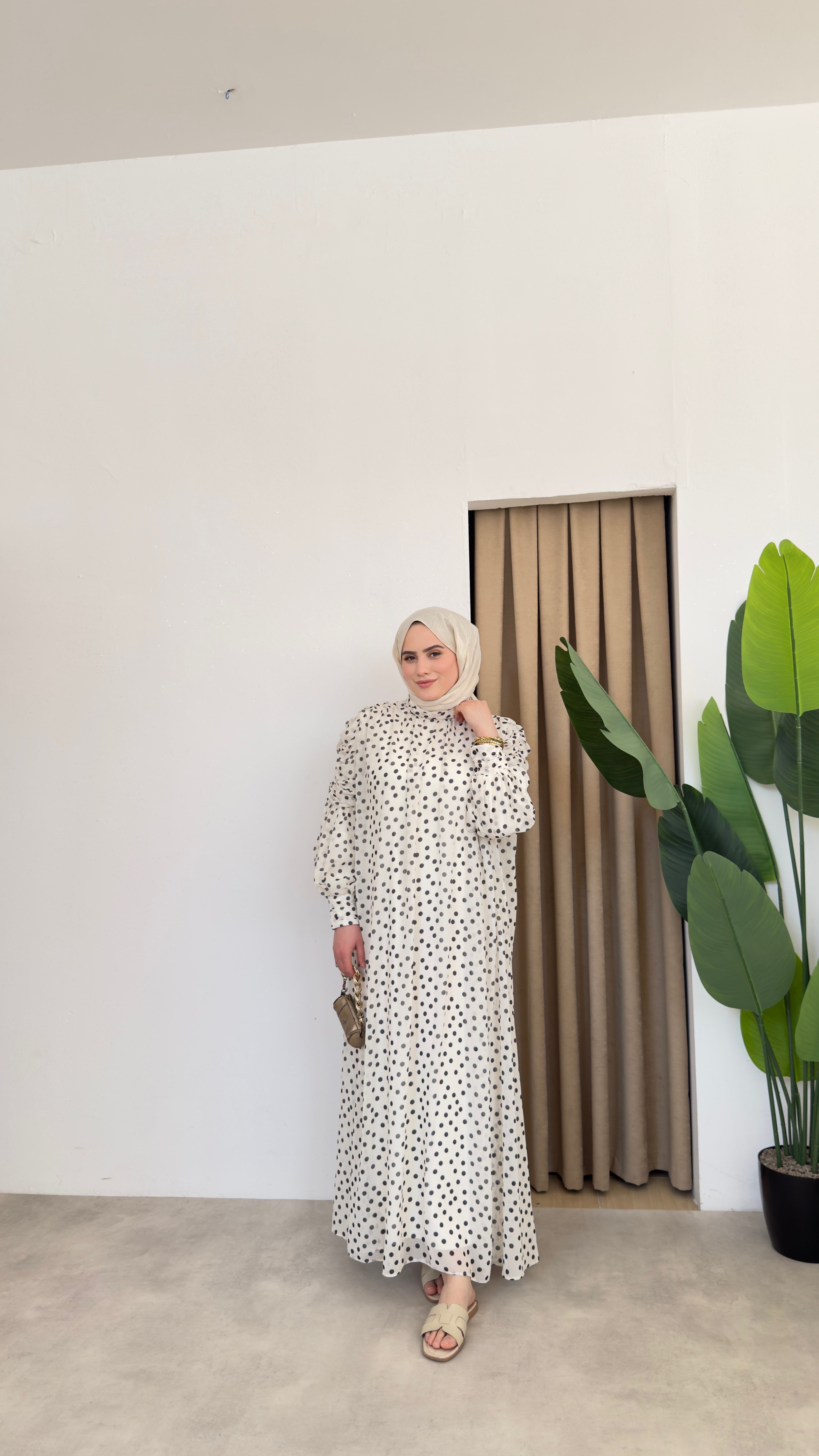 Asya Puantiyeli Elbise - Beyaz