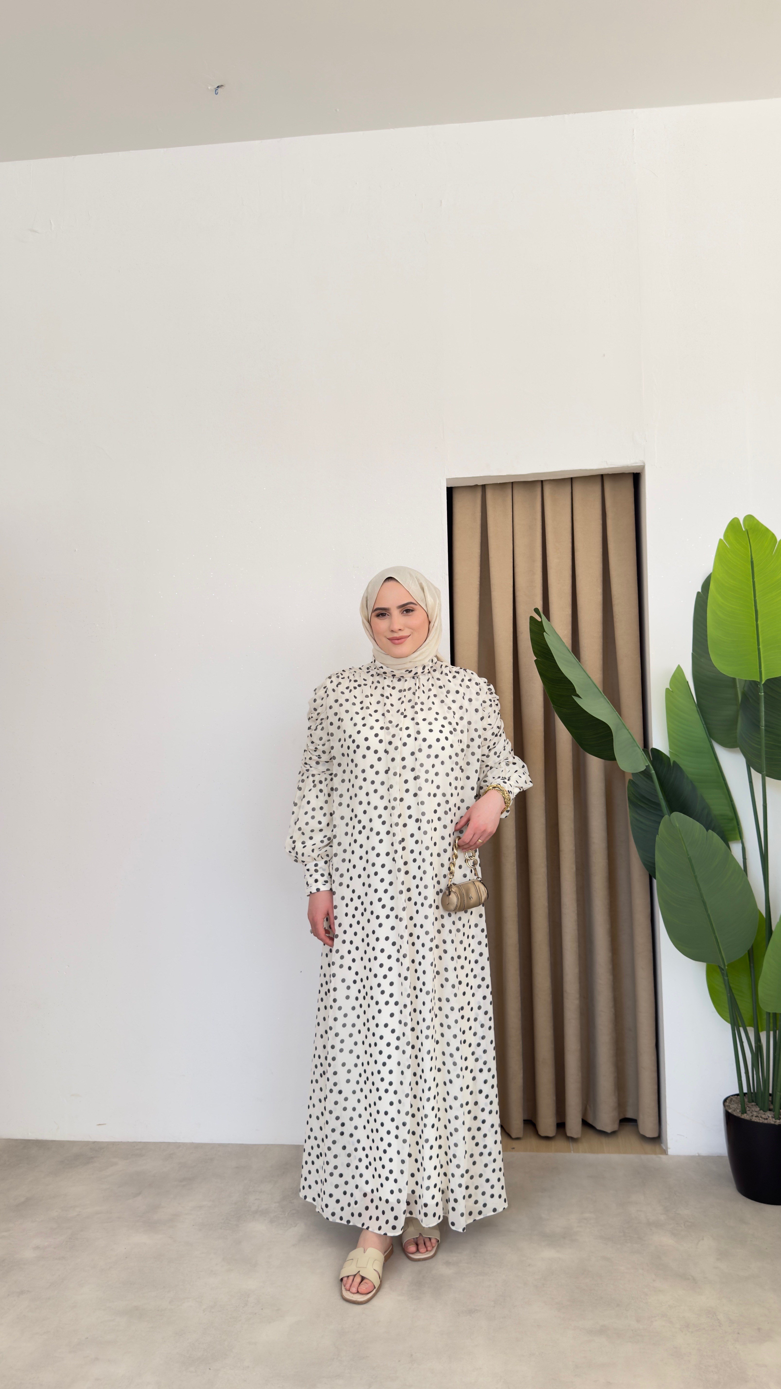 Asya Puantiyeli Elbise - Beyaz