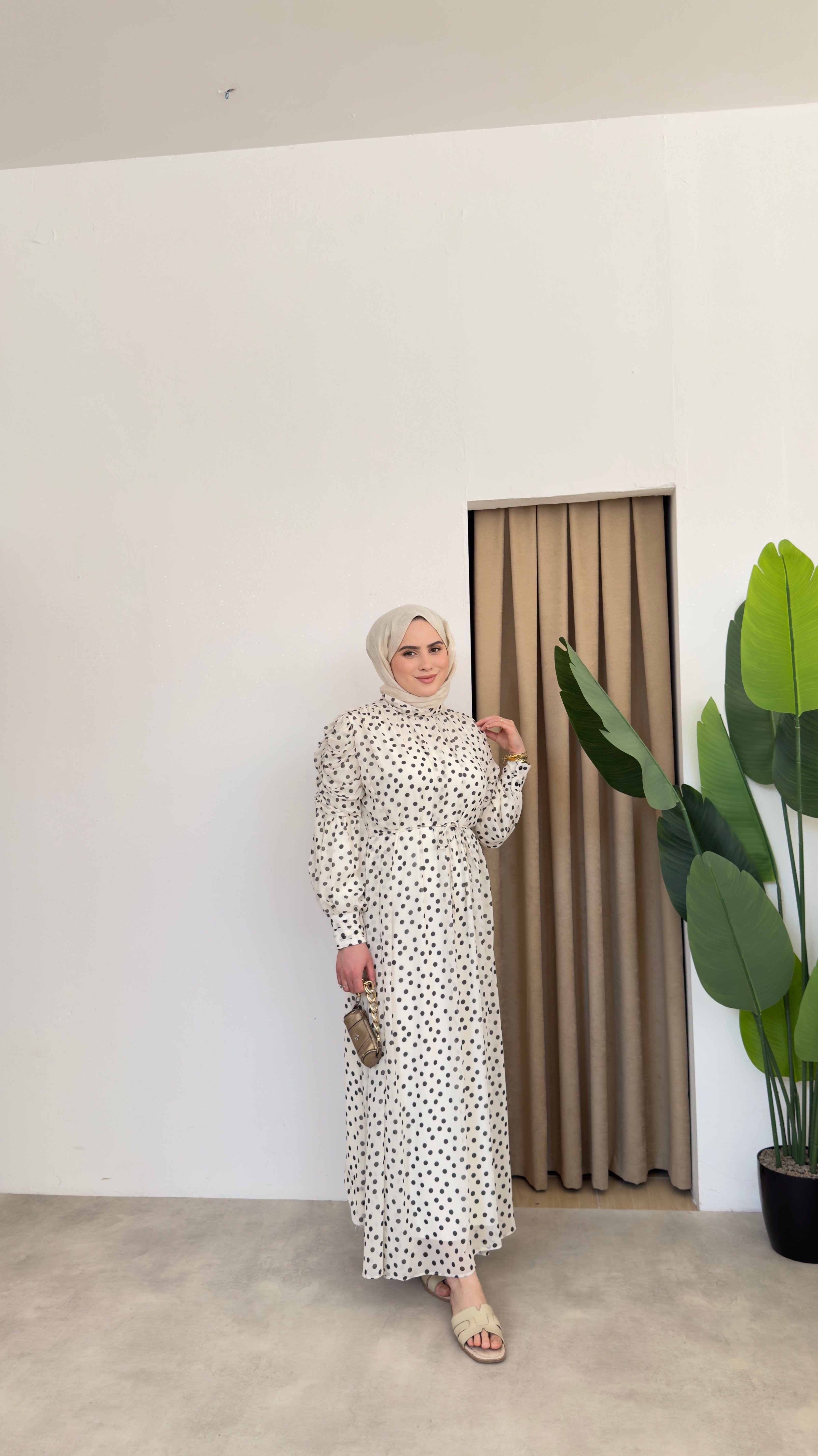 Asya Puantiyeli Elbise - Beyaz
