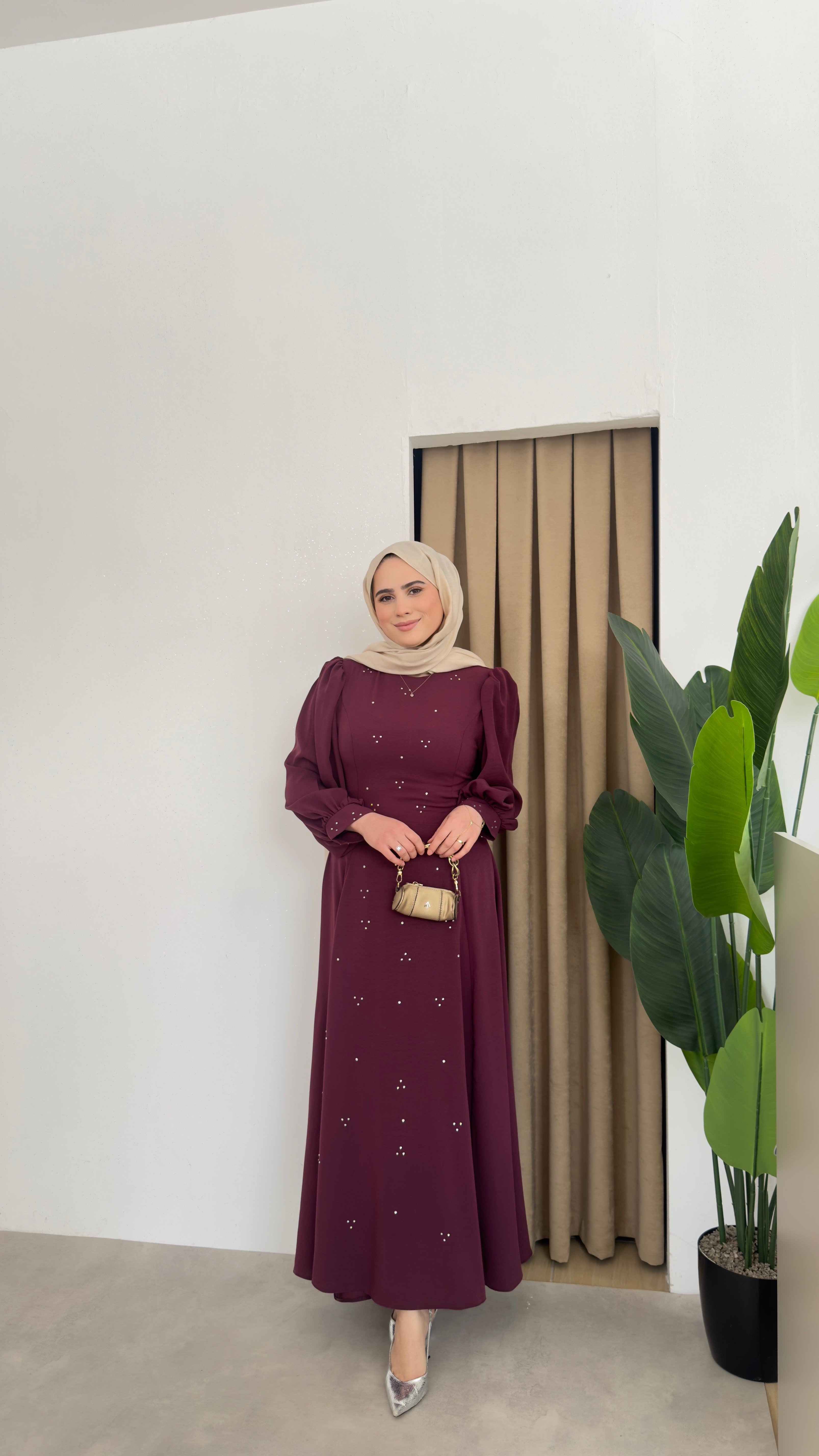 Bel Detaylı Taşlı Abaya -Bordo