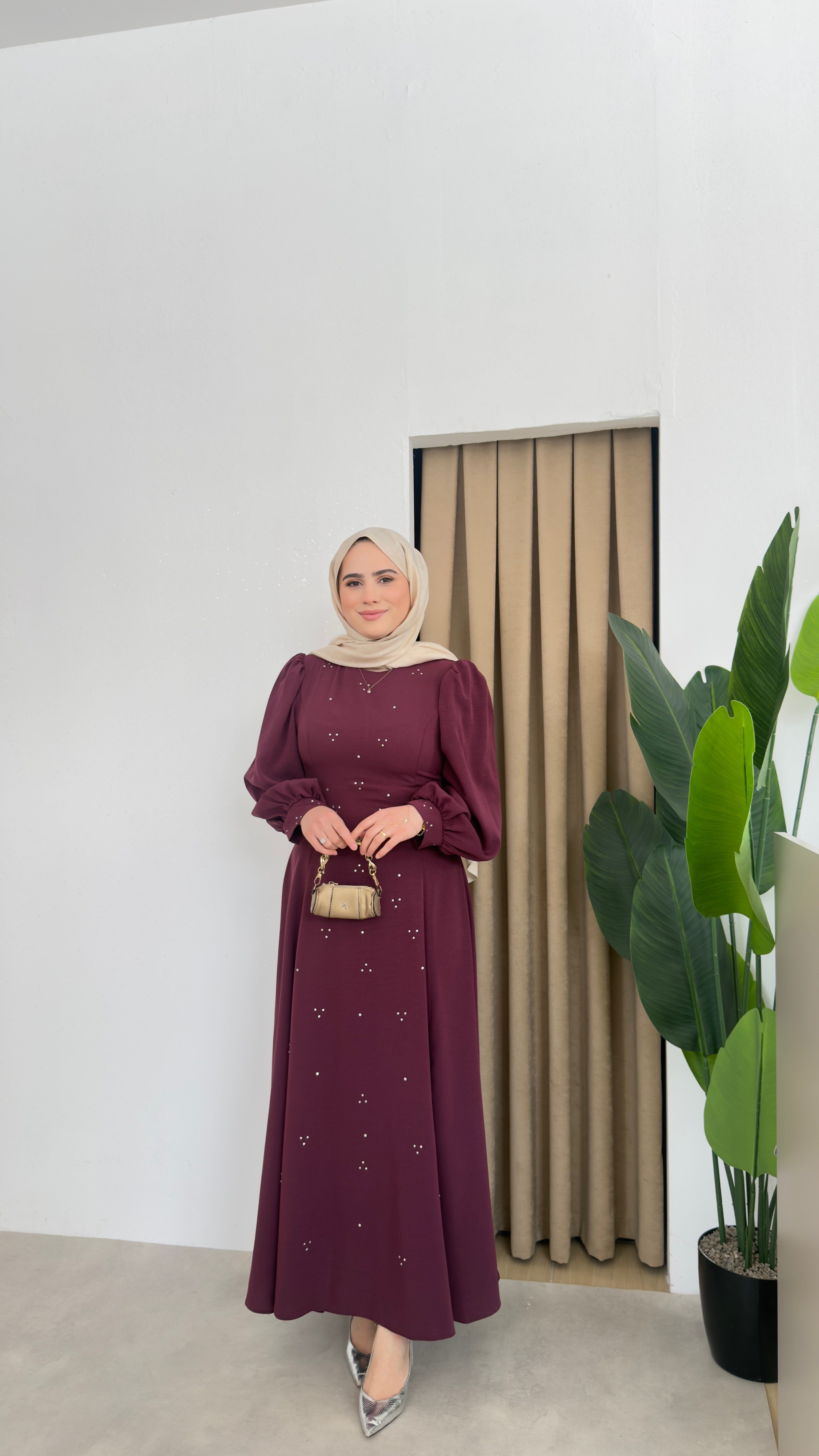 Bel Detaylı Taşlı Abaya -Bordo