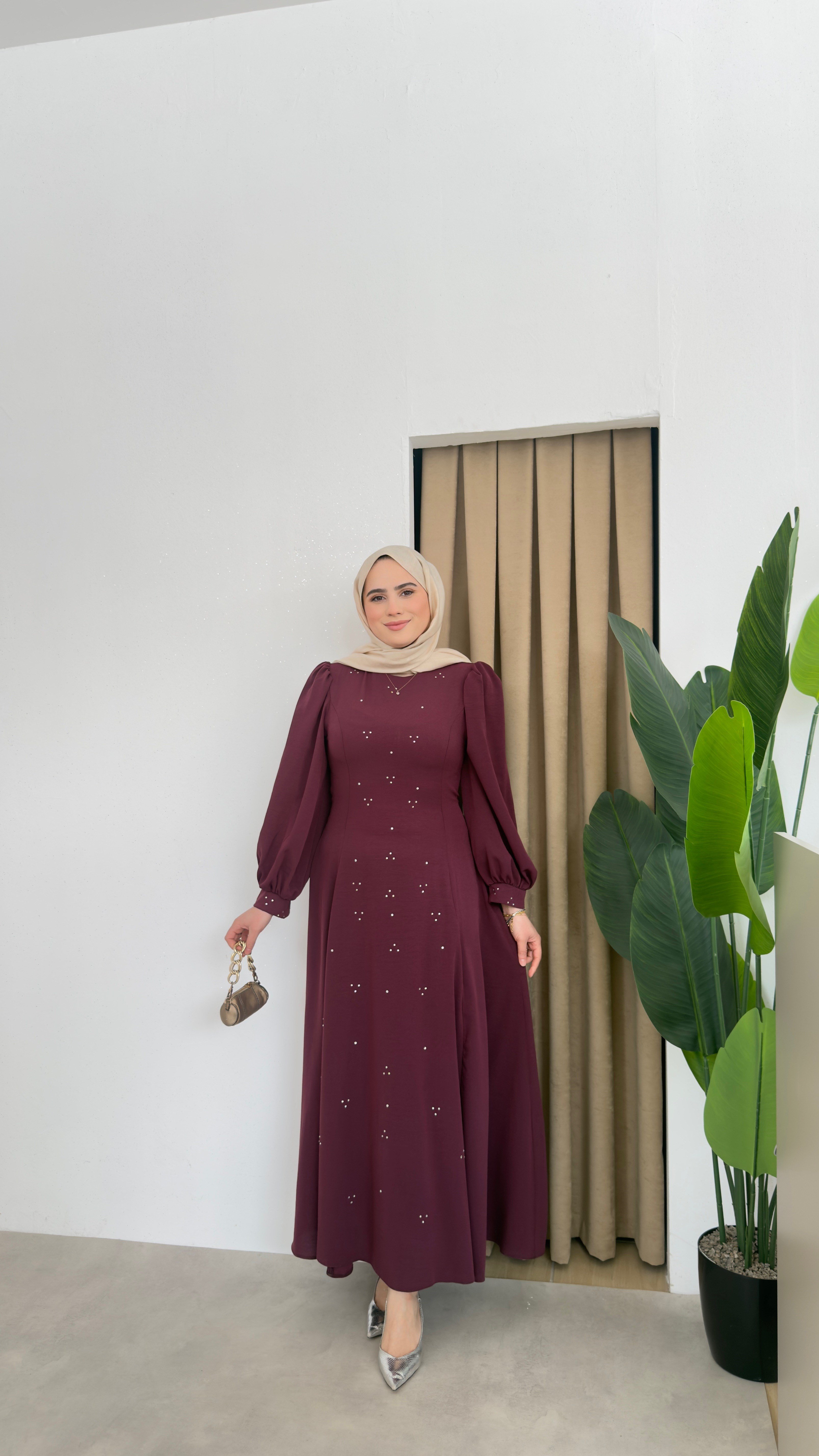 Bel Detaylı Taşlı Abaya -Bordo