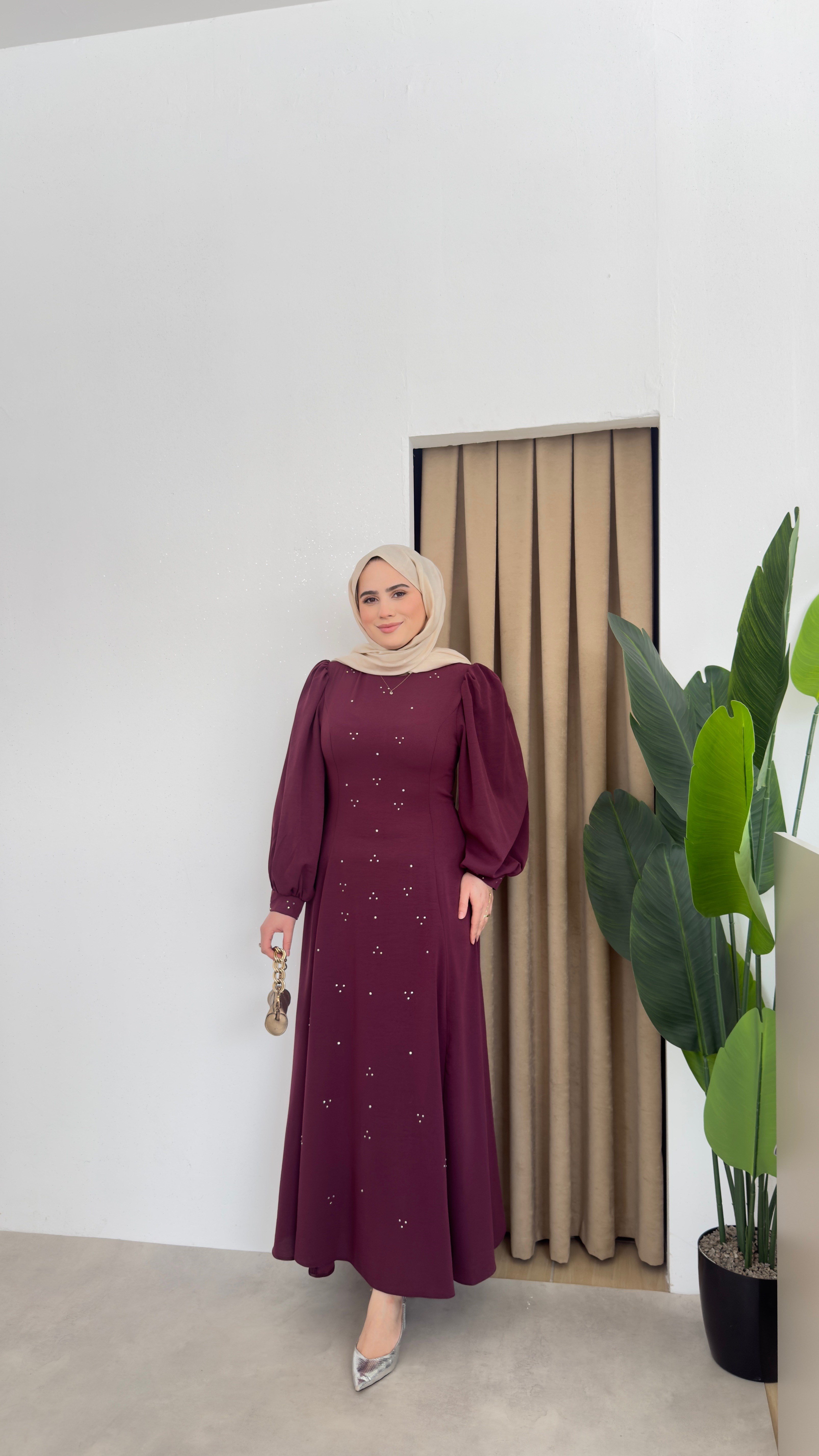 Bel Detaylı Taşlı Abaya -Bordo