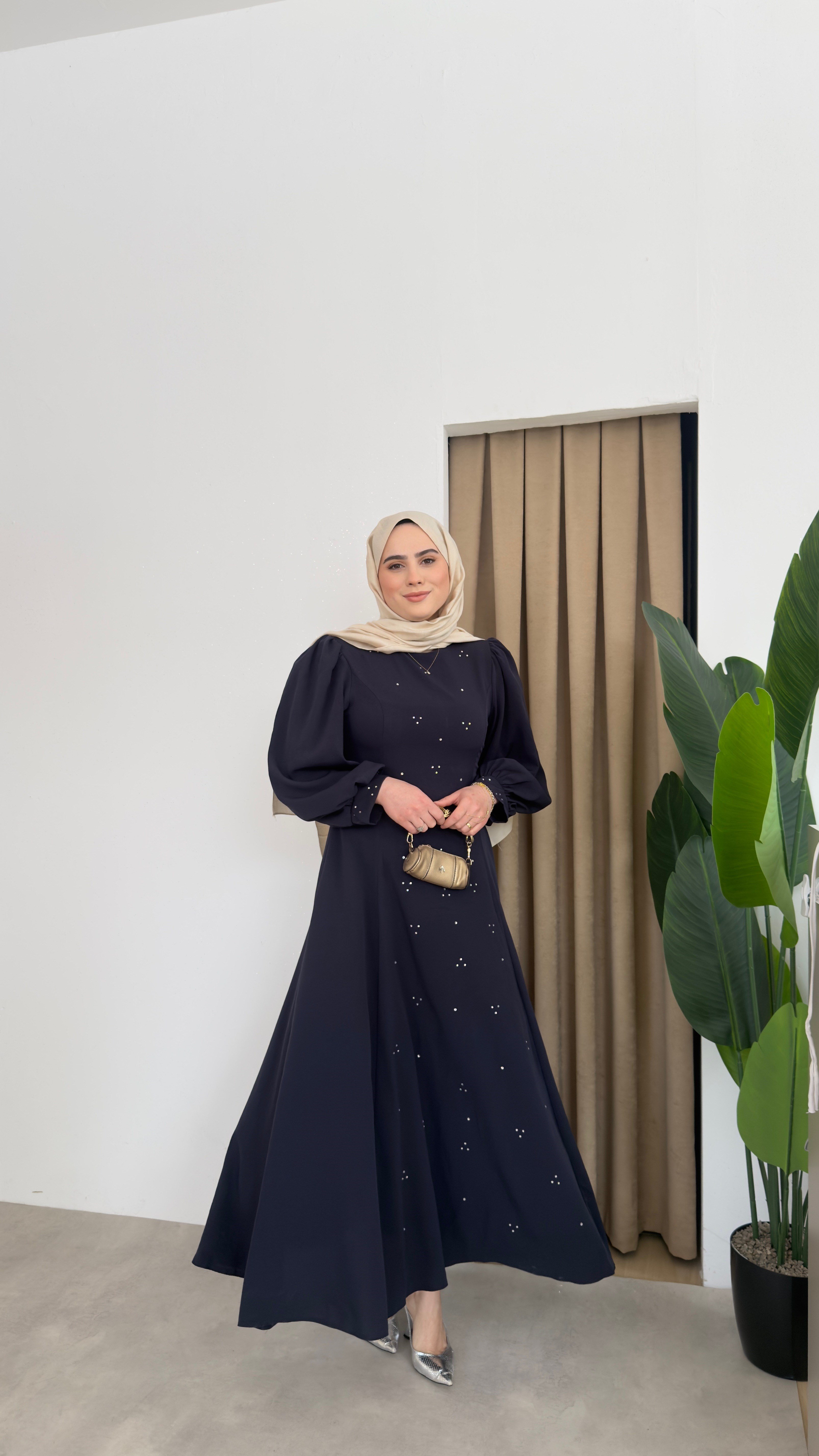 Bel Detaylı Taşlı Abaya -Lacivert