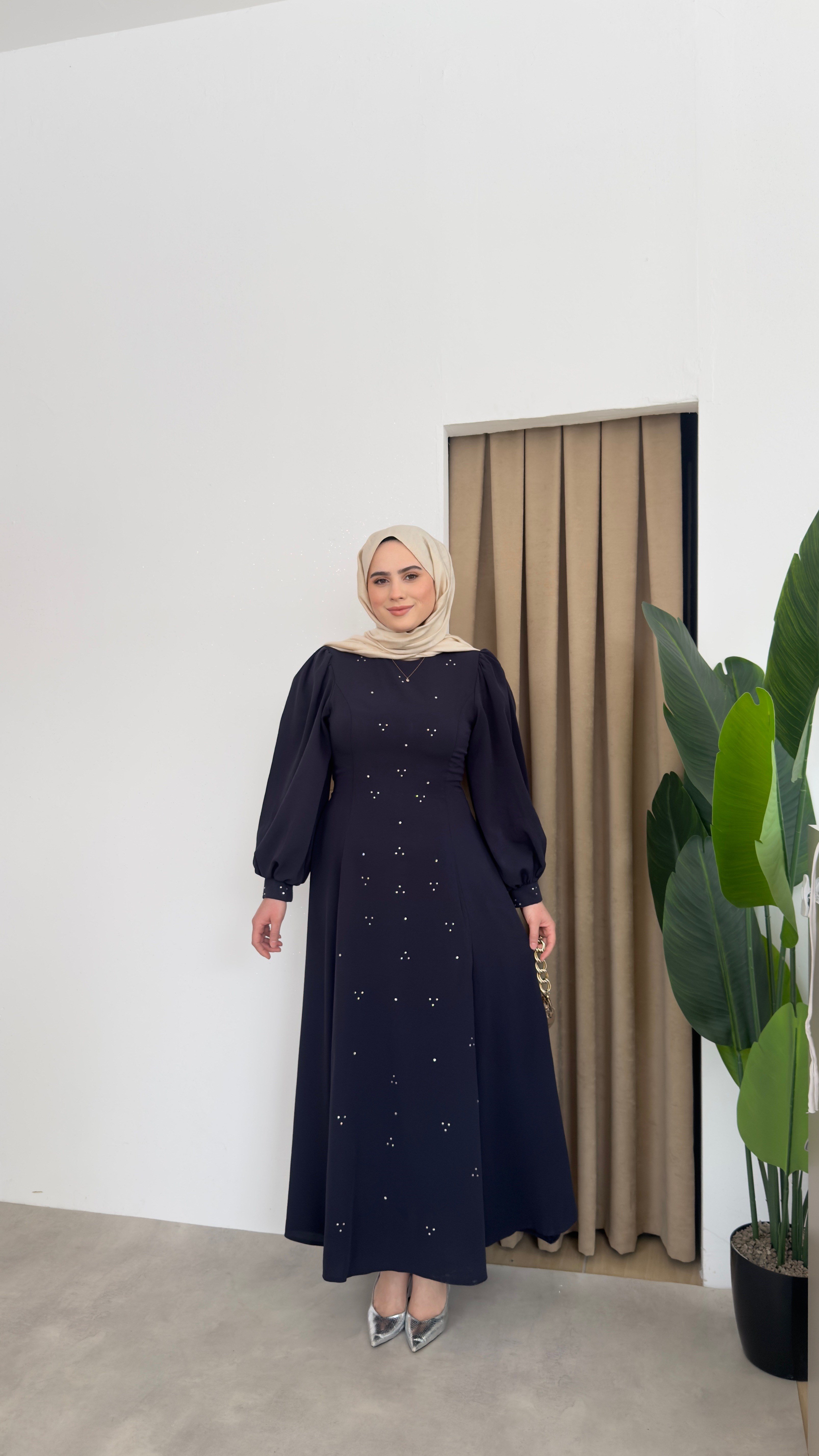Bel Detaylı Taşlı Abaya -Lacivert