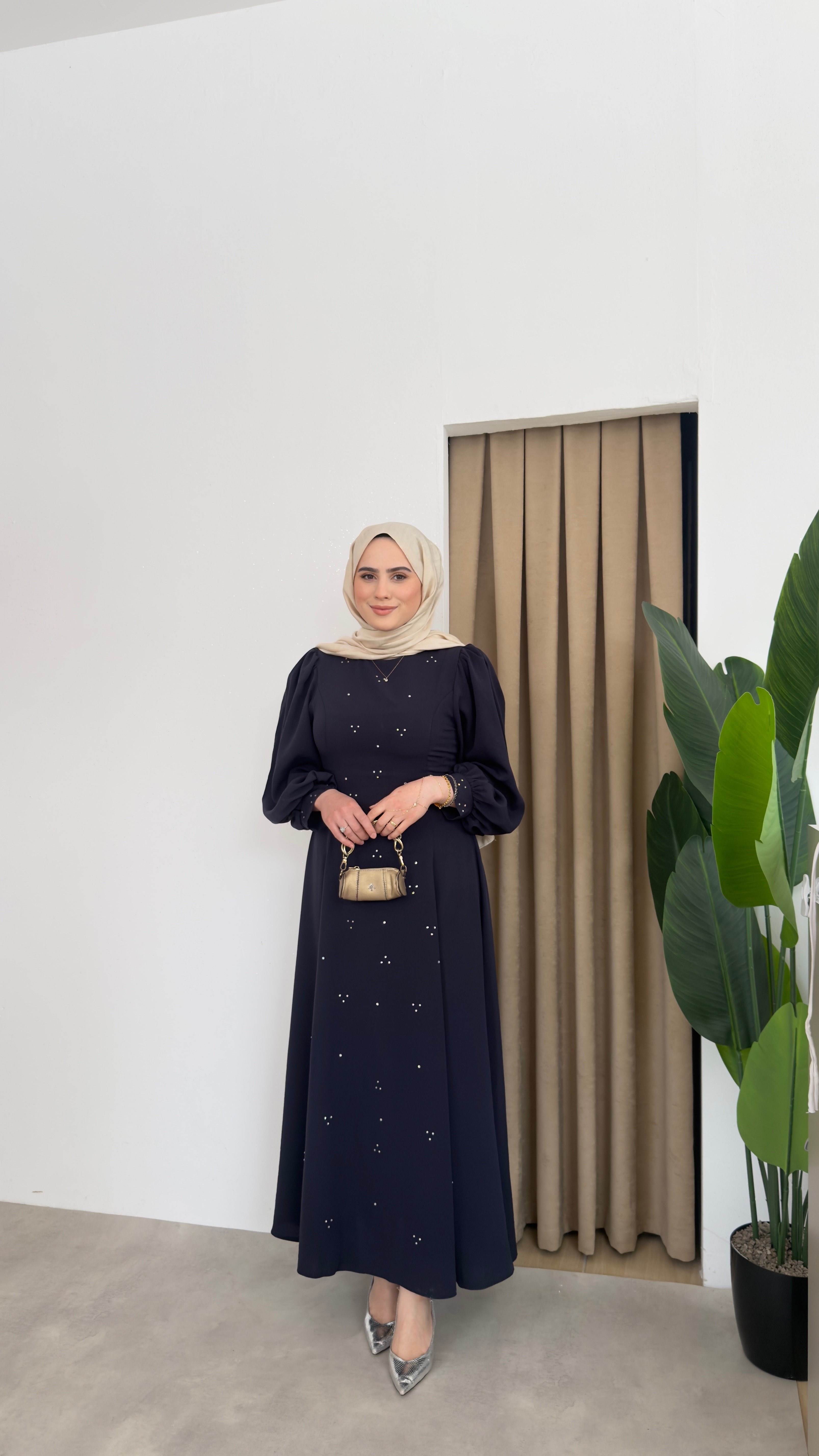Bel Detaylı Taşlı Abaya -Lacivert