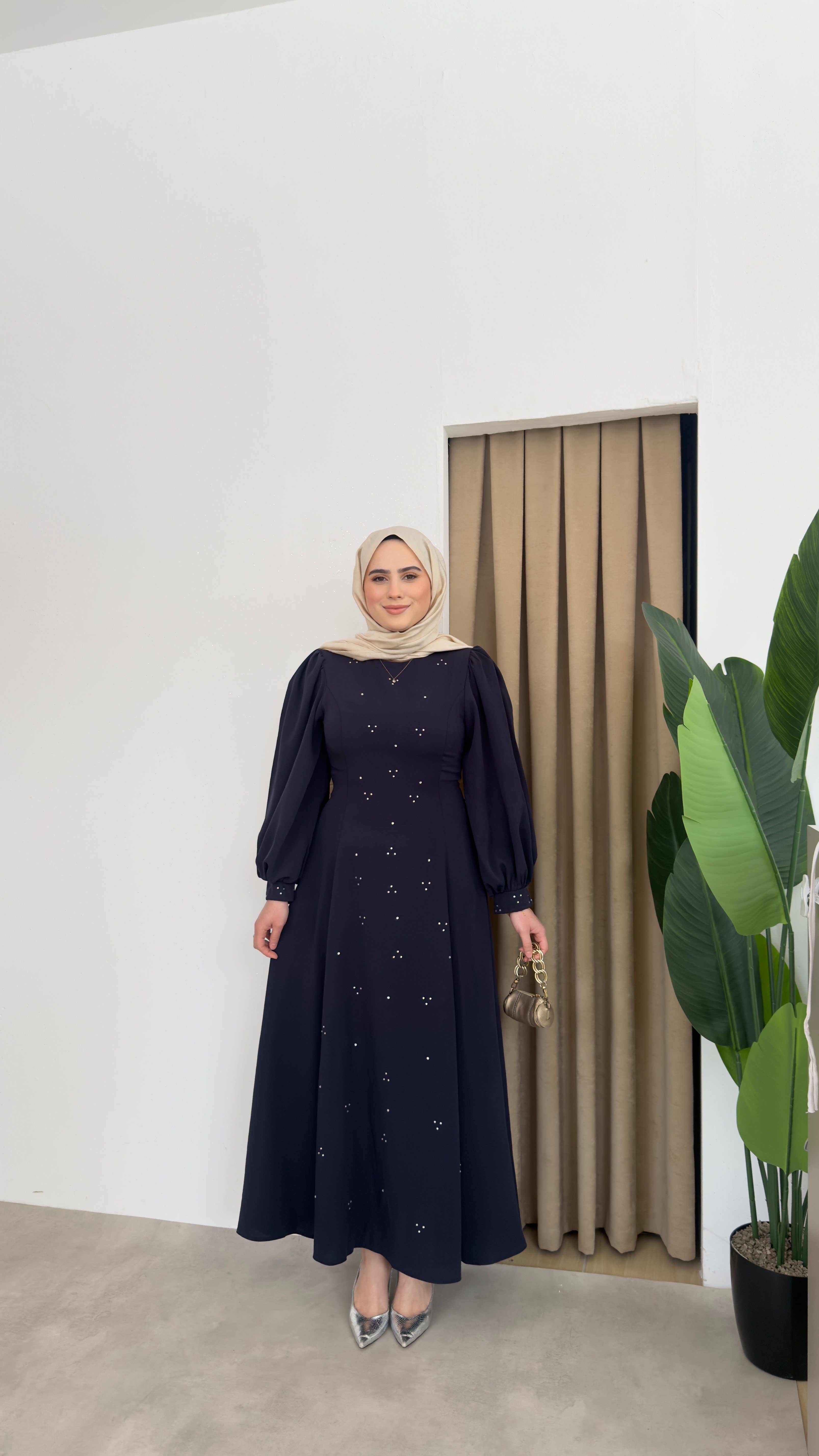 Bel Detaylı Taşlı Abaya -Lacivert