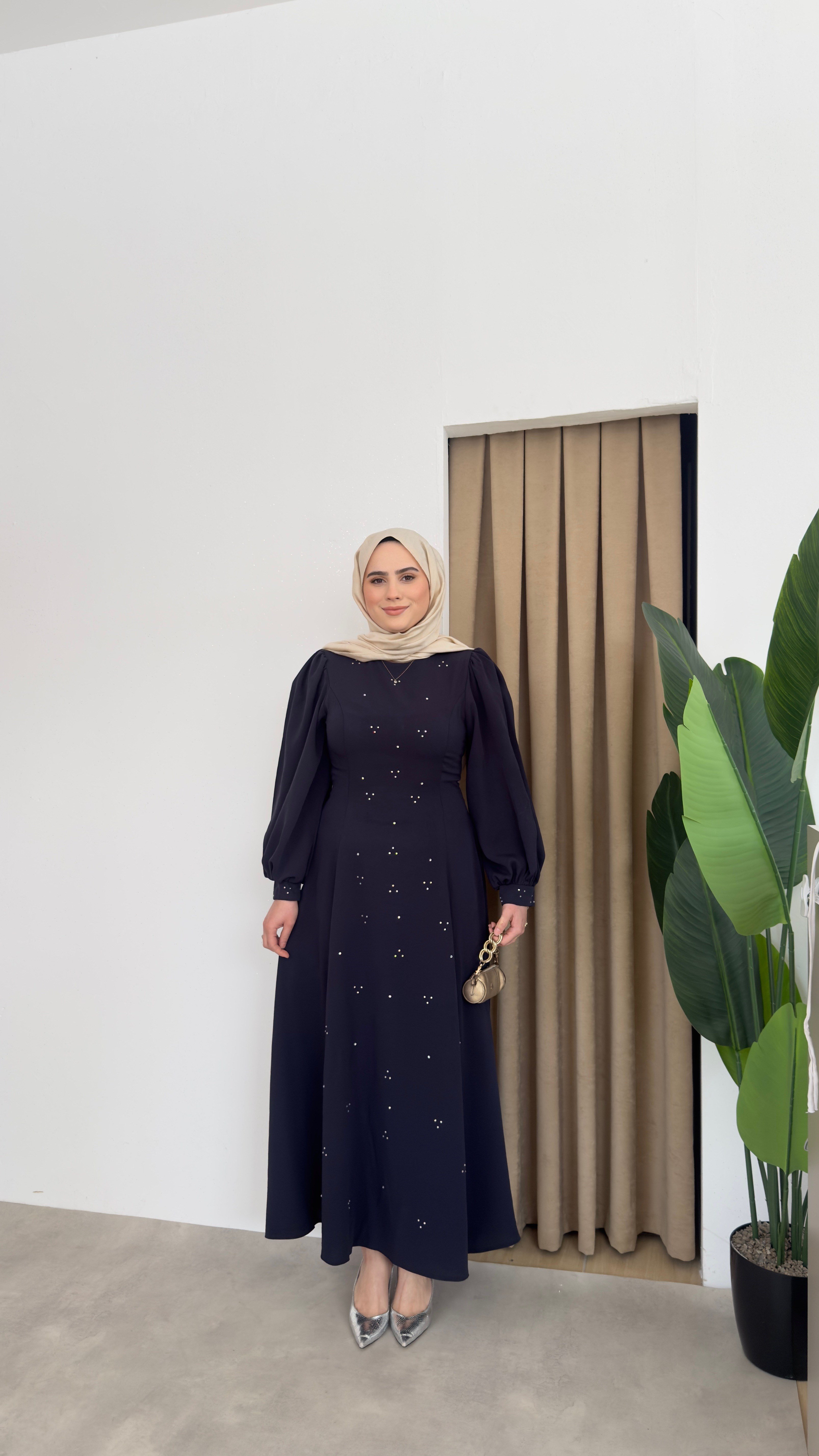 Bel Detaylı Taşlı Abaya -Lacivert