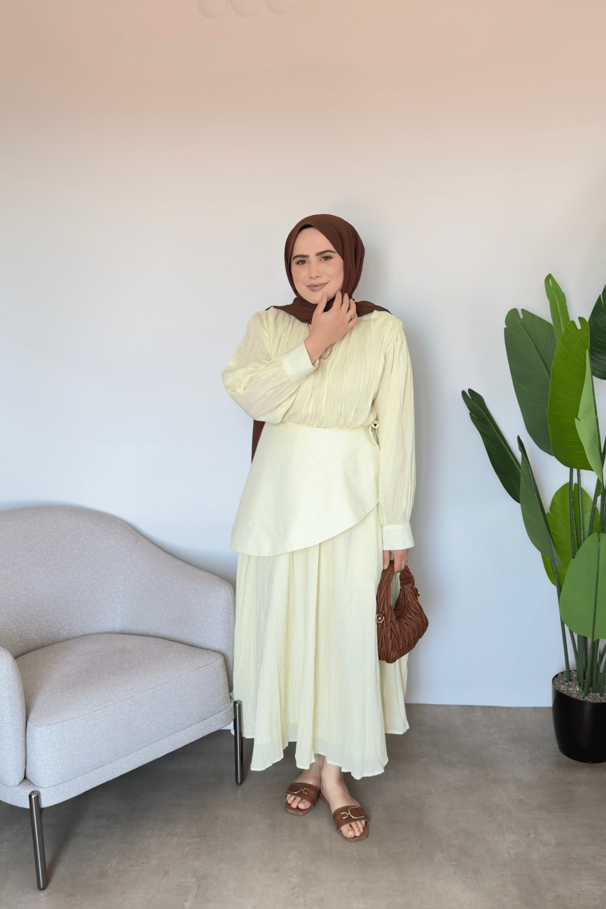 Bel Detaylı Vual Elbise | Sarı
