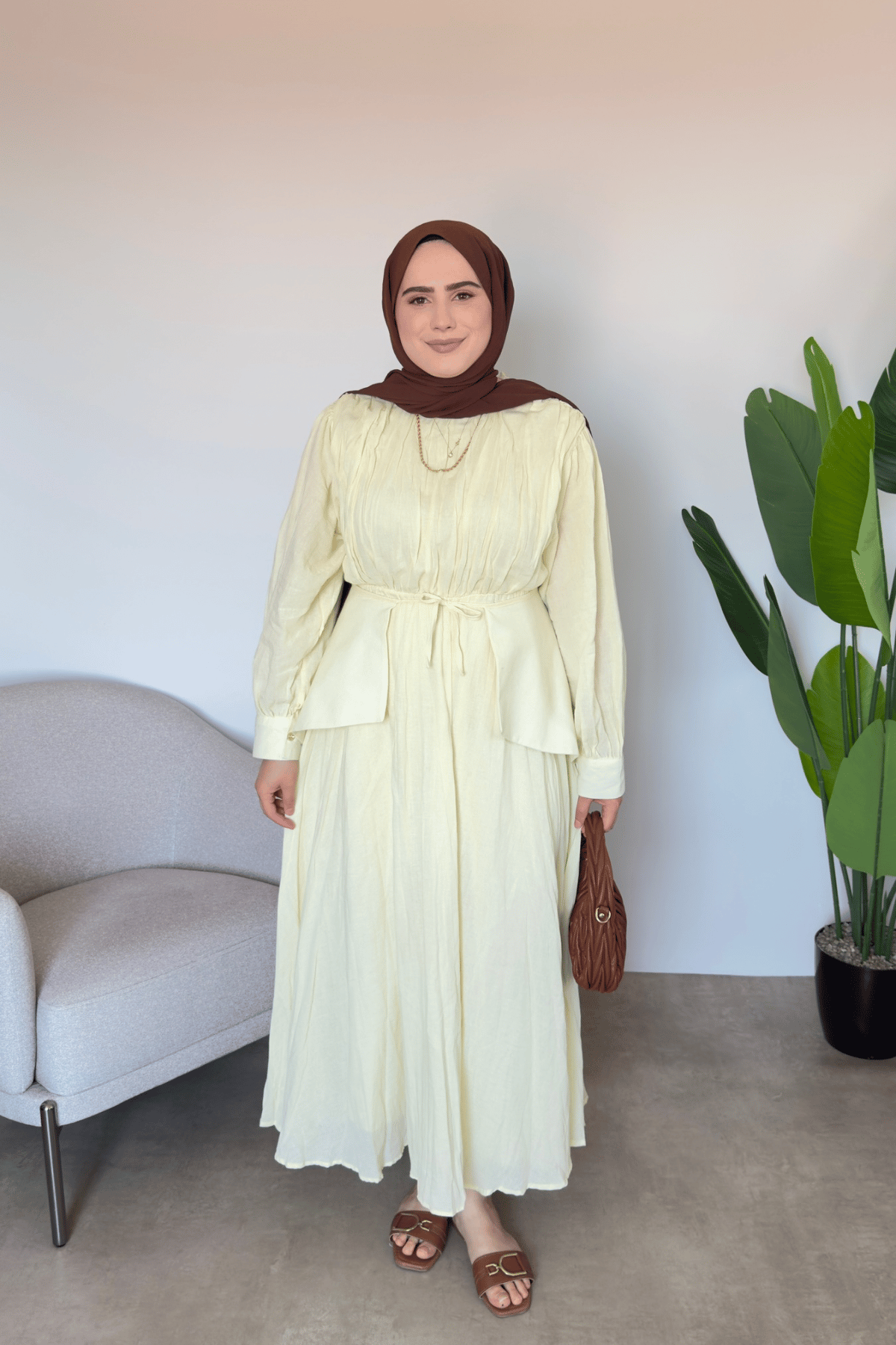 Bel Detaylı Vual Elbise | Sarı