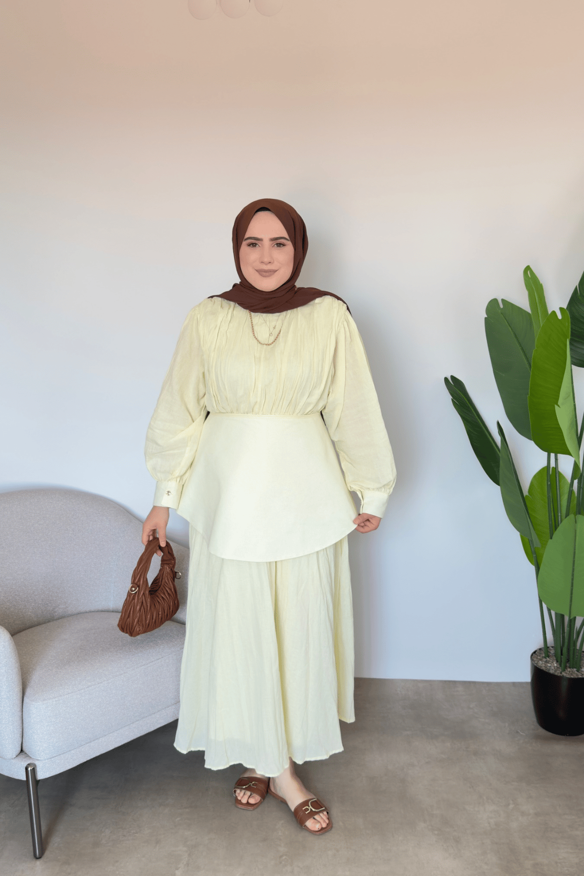 Bel Detaylı Vual Elbise | Sarı