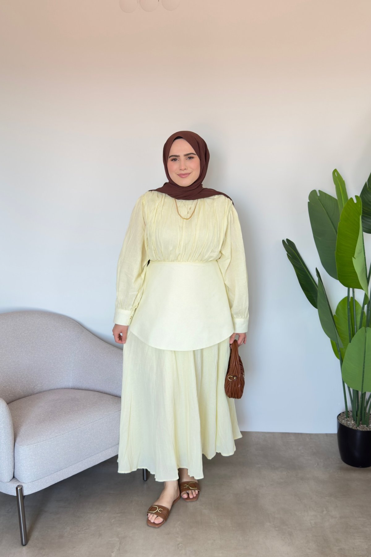 Bel Detaylı Vual Elbise | Sarı