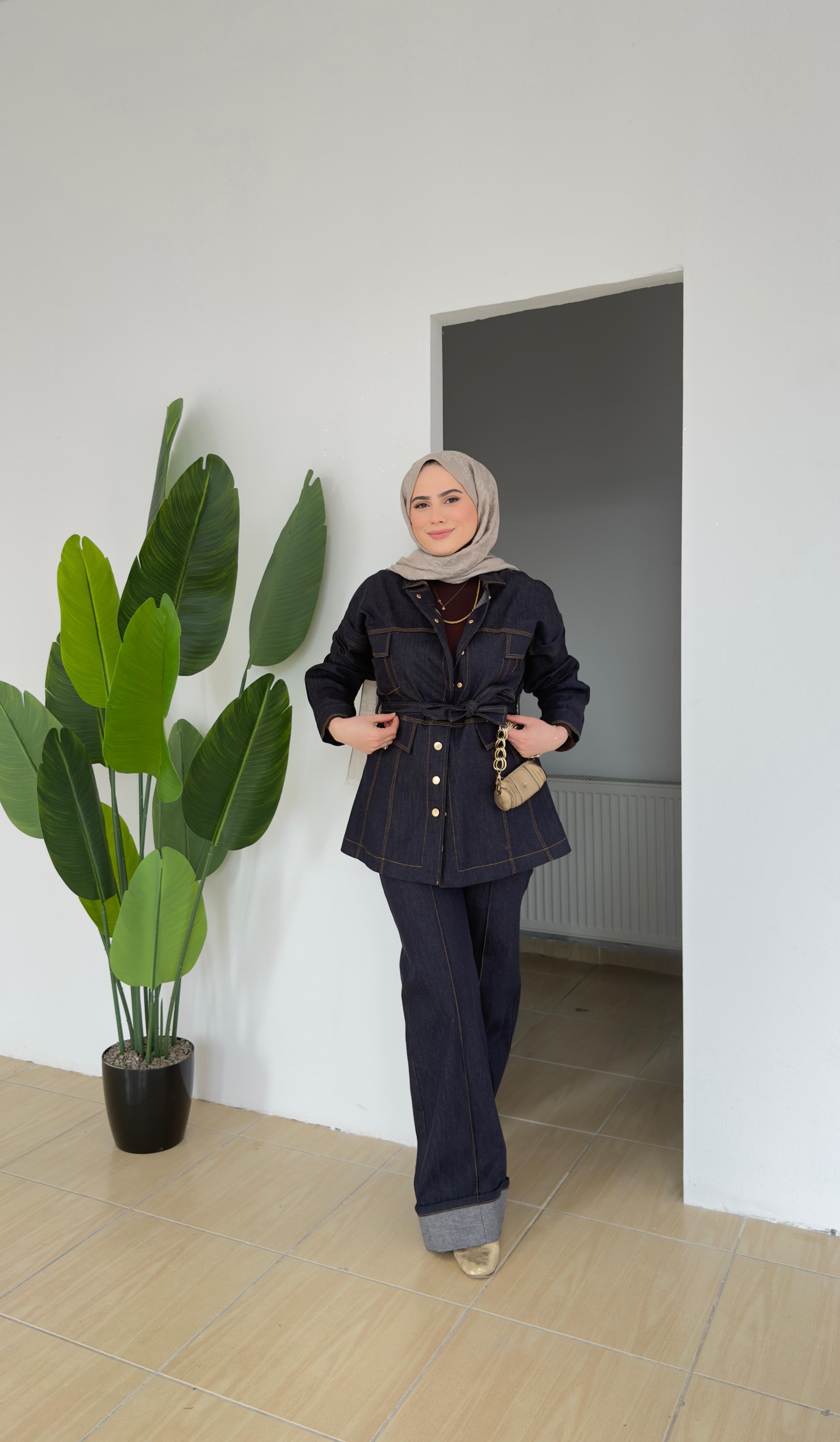 Gold Düğmeli Denim Takım | Lacivert 