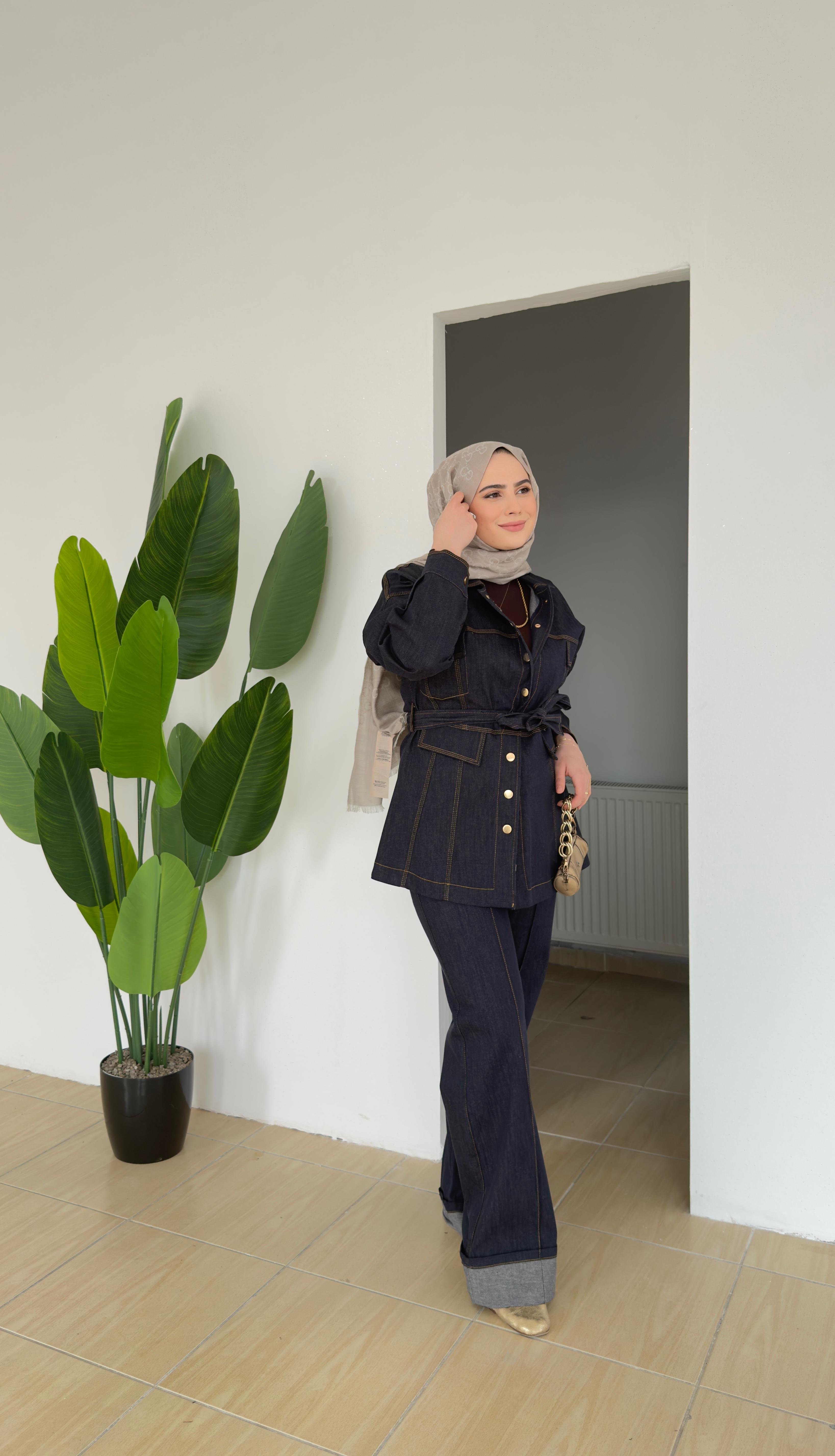 Gold Düğmeli Denim Takım | Lacivert 