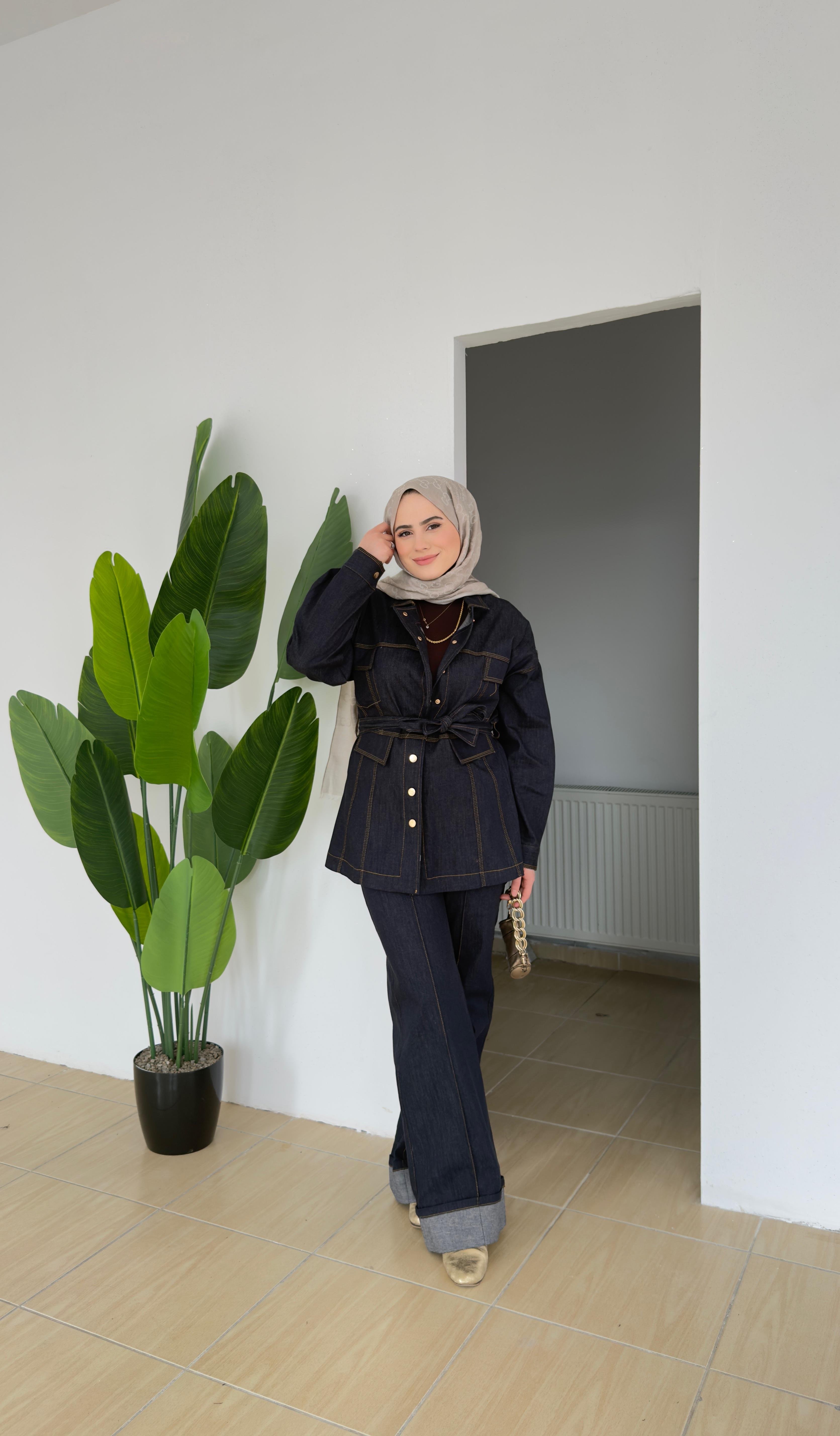 Gold Düğmeli Denim Takım | Lacivert 