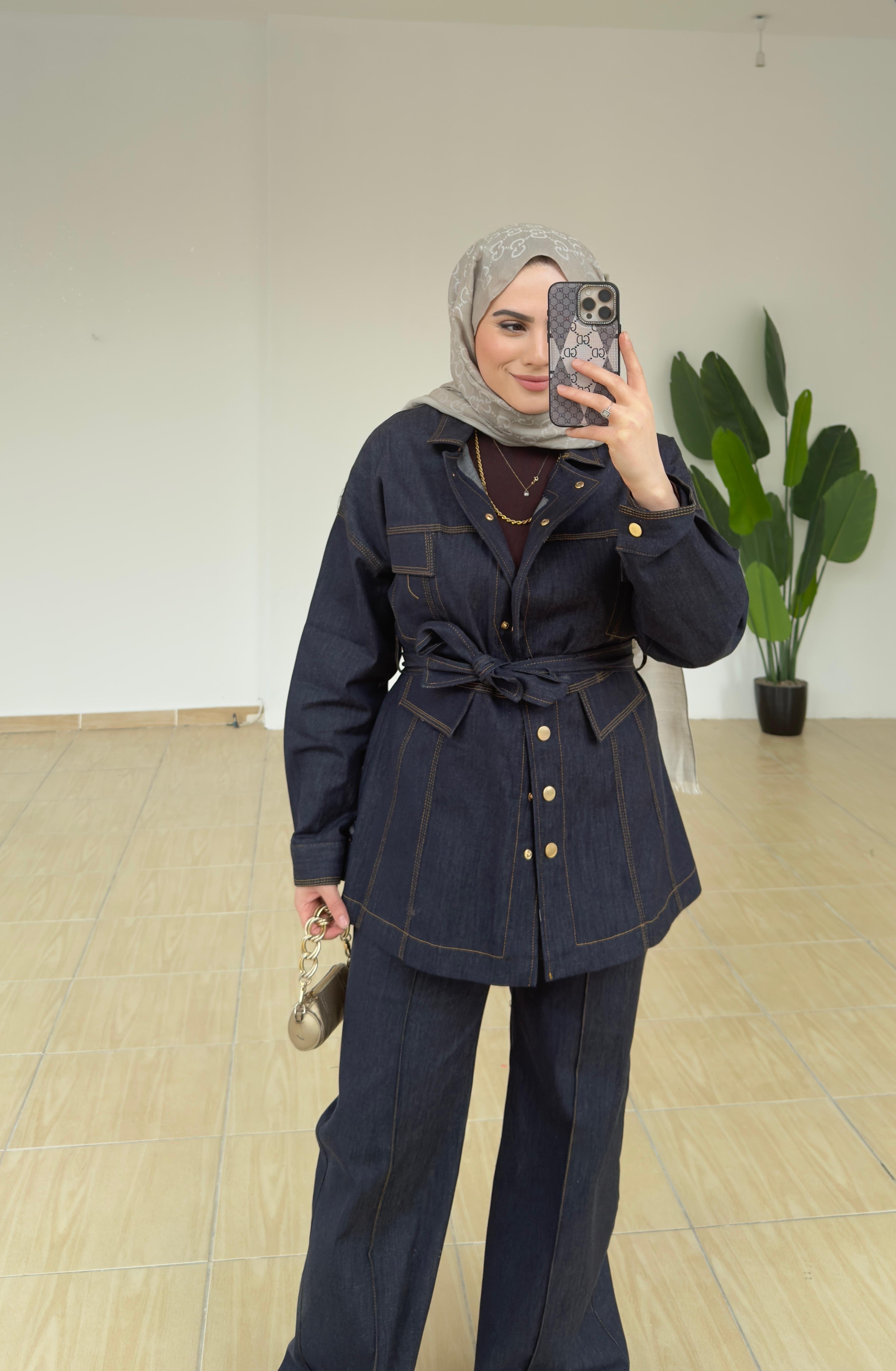 Gold Düğmeli Denim Takım | Lacivert 