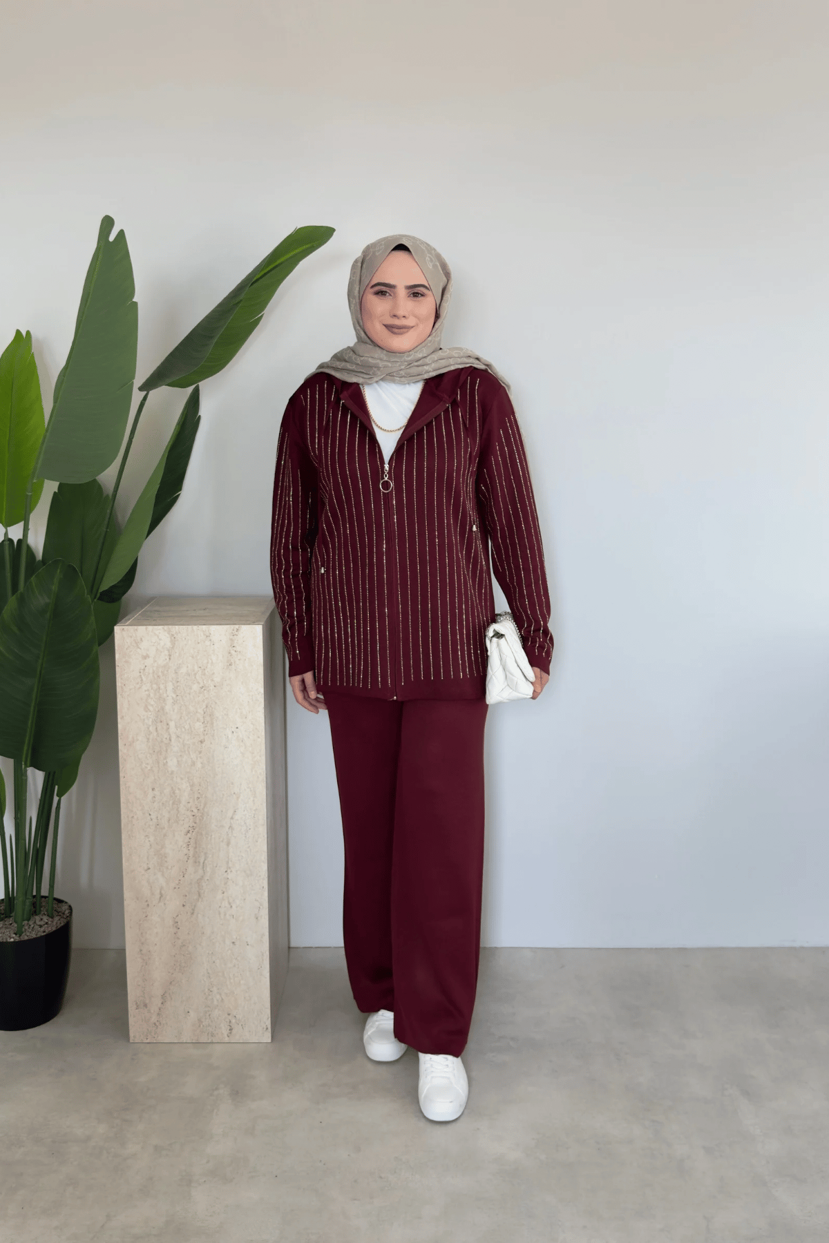 Kapüşonlu Taşlı Triko Takım | Bordo