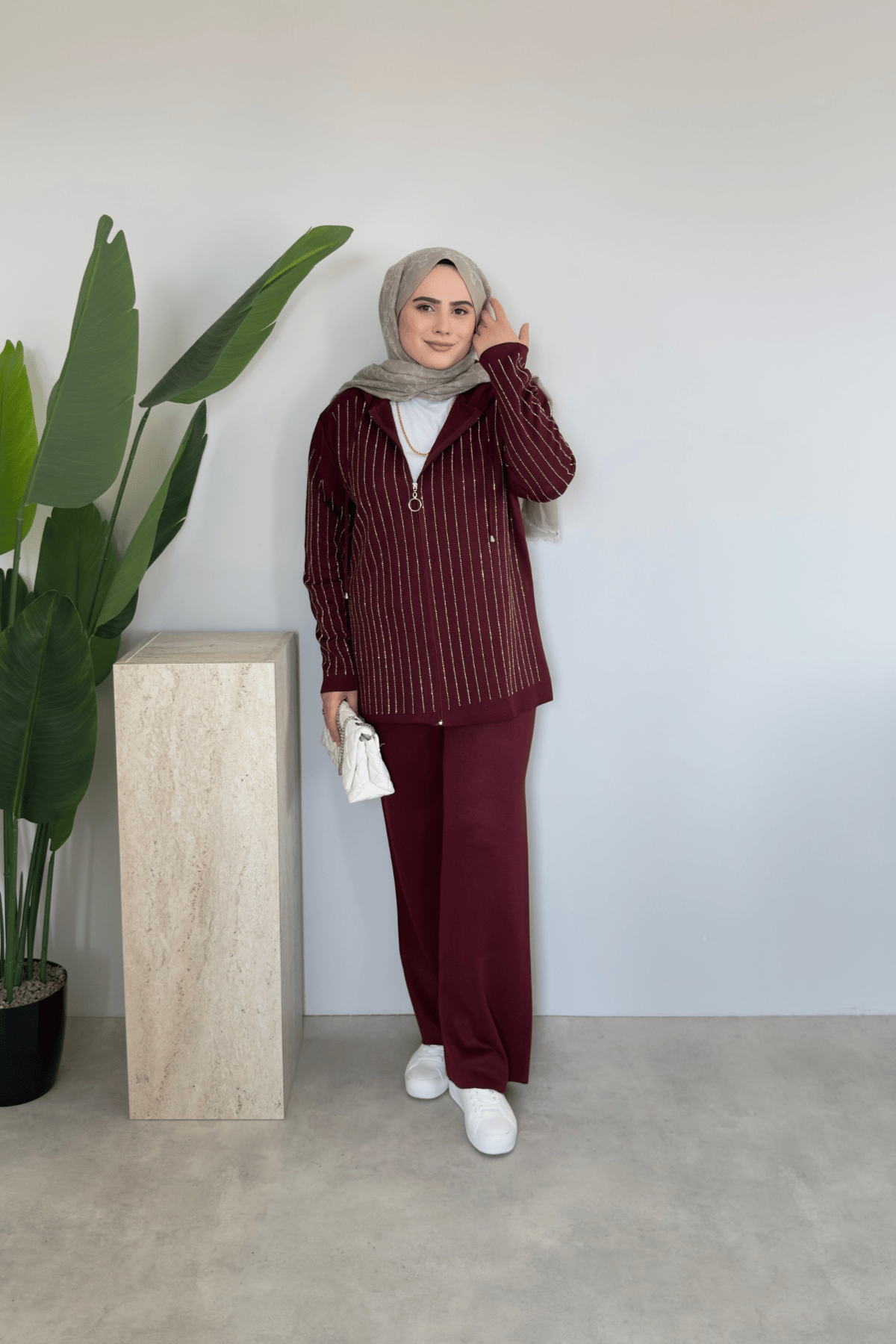 Kapüşonlu Taşlı Triko Takım | Bordo