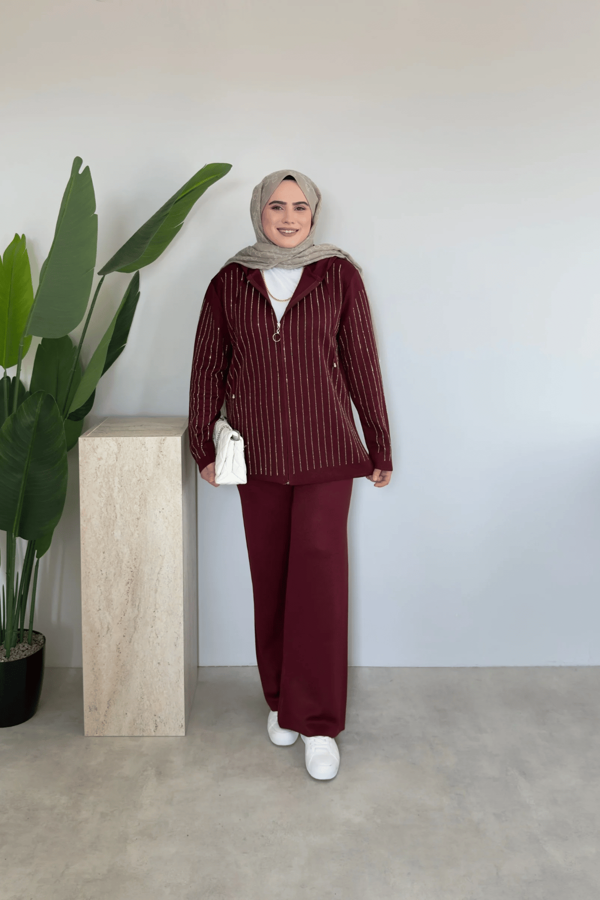 Kapüşonlu Taşlı Triko Takım | Bordo