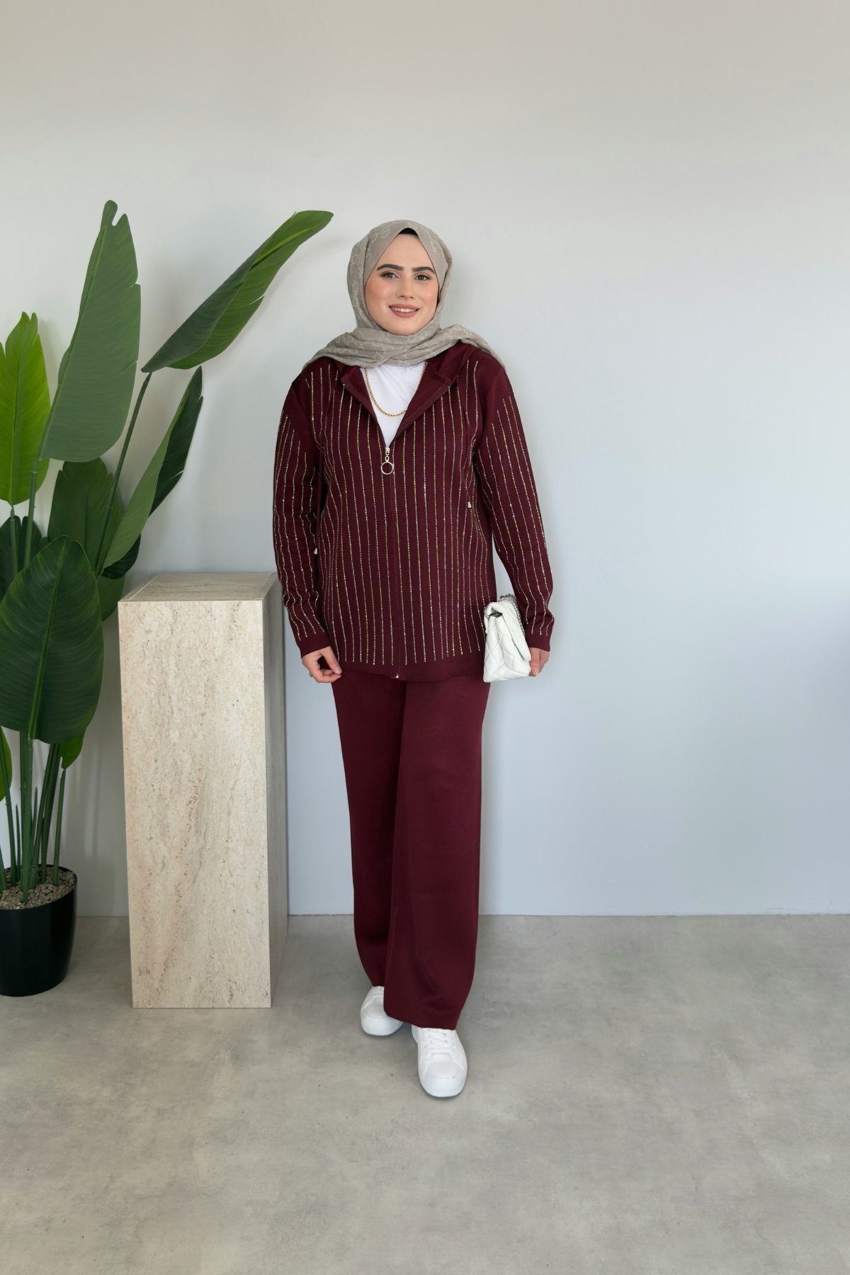 Kapüşonlu Taşlı Triko Takım | Bordo