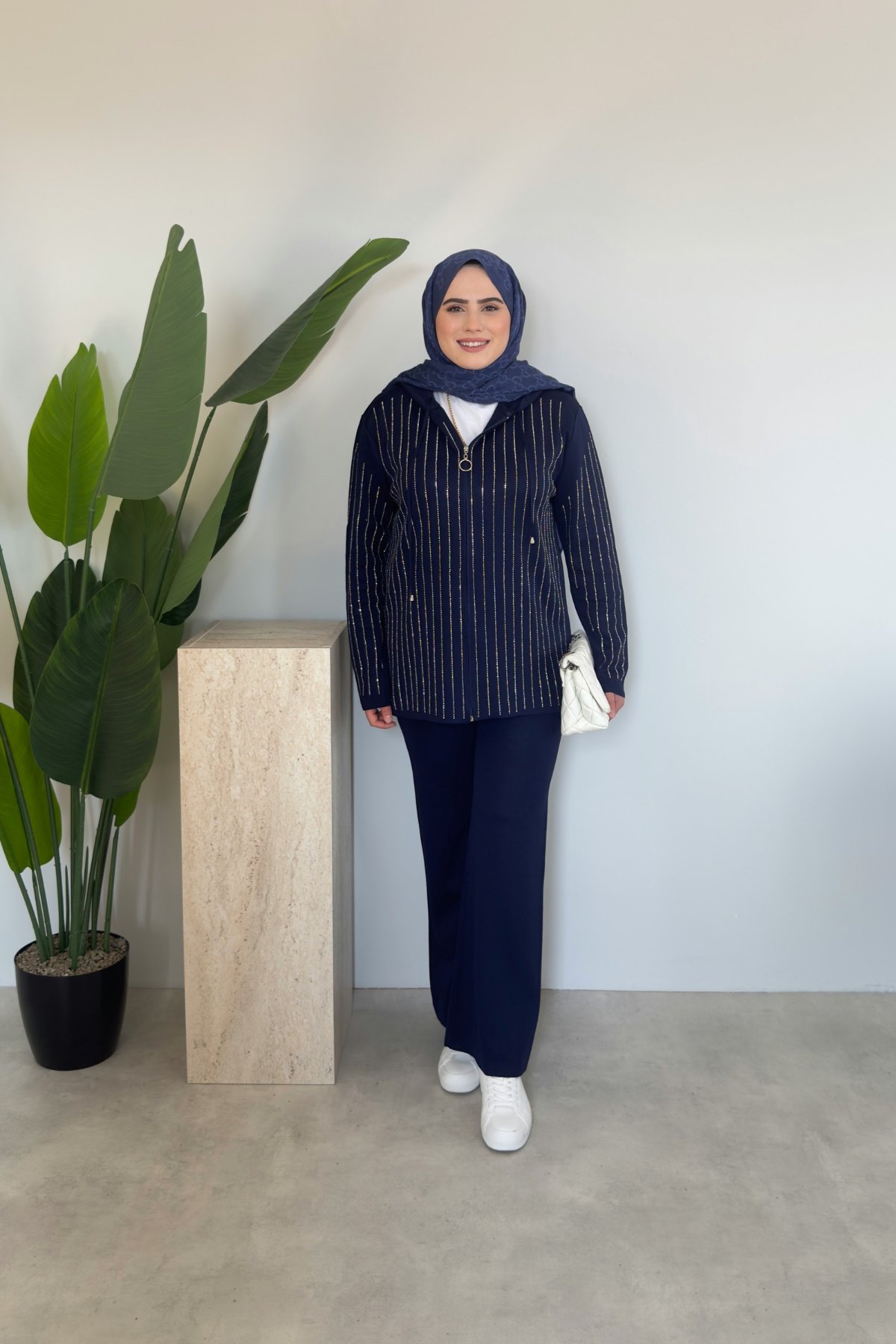 Kapüşonlu Taşlı Triko Takım | Lacivert