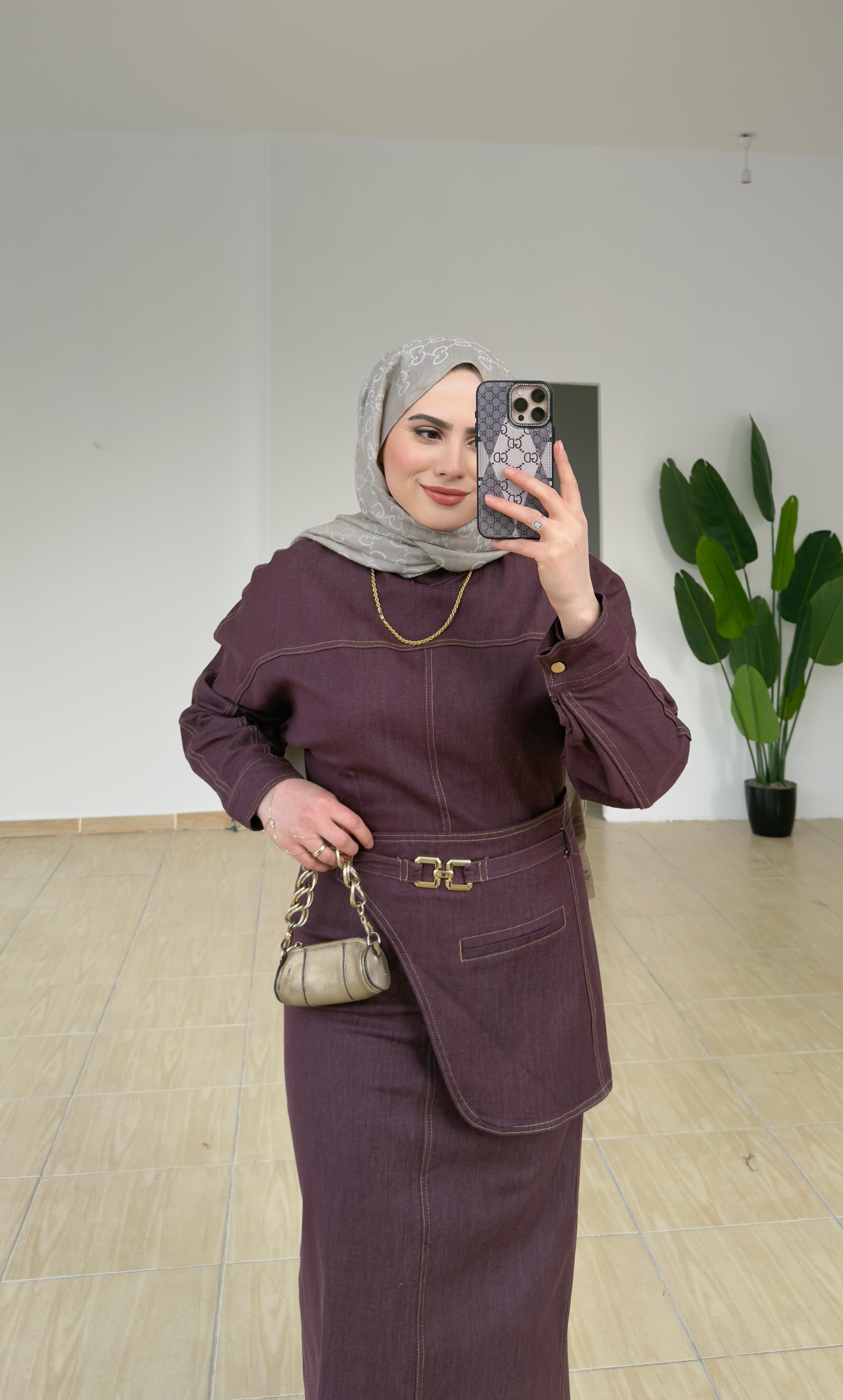 Kemer Detaylı Denim Elbise | Bordo