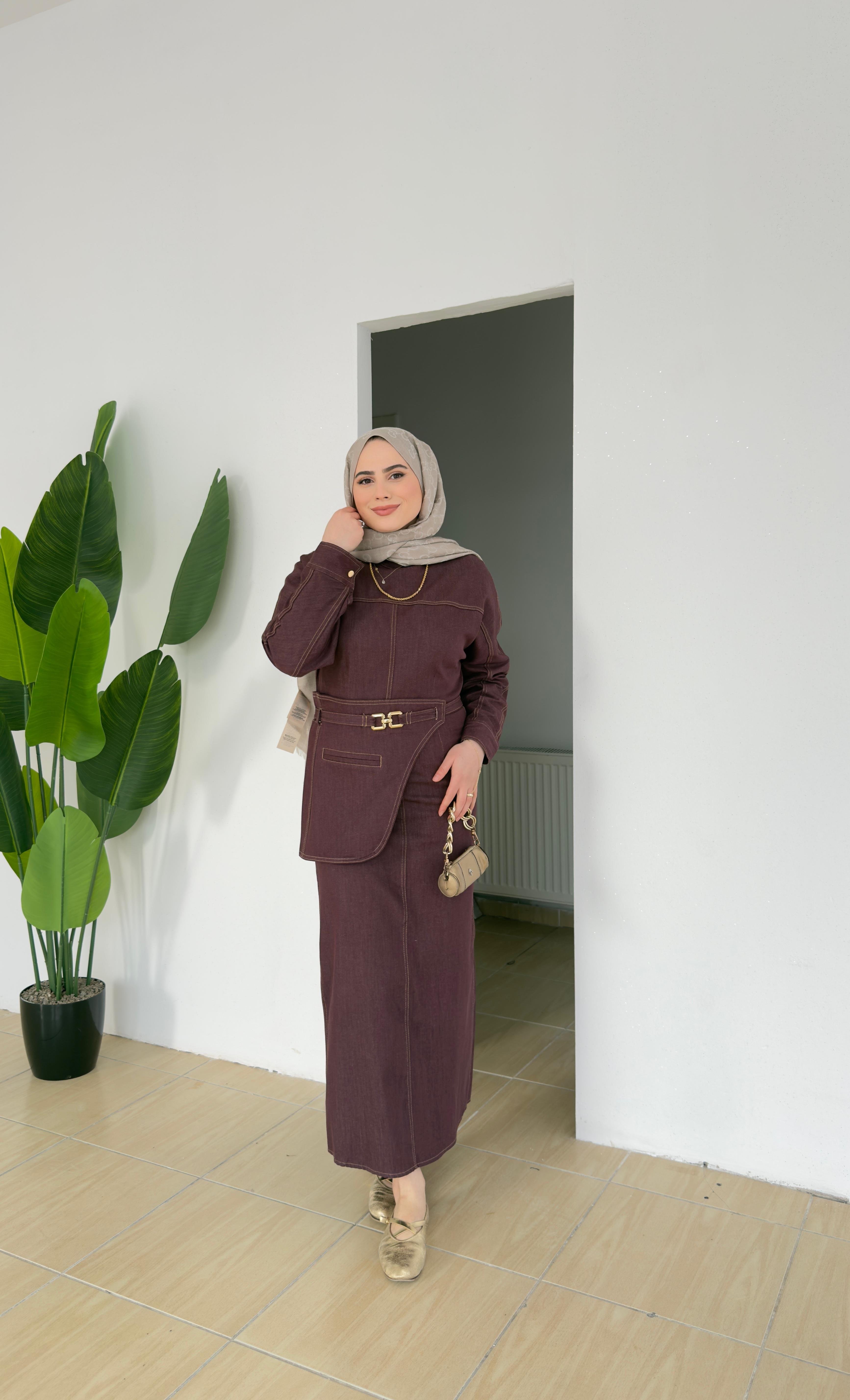 Kemer Detaylı Denim Elbise | Bordo