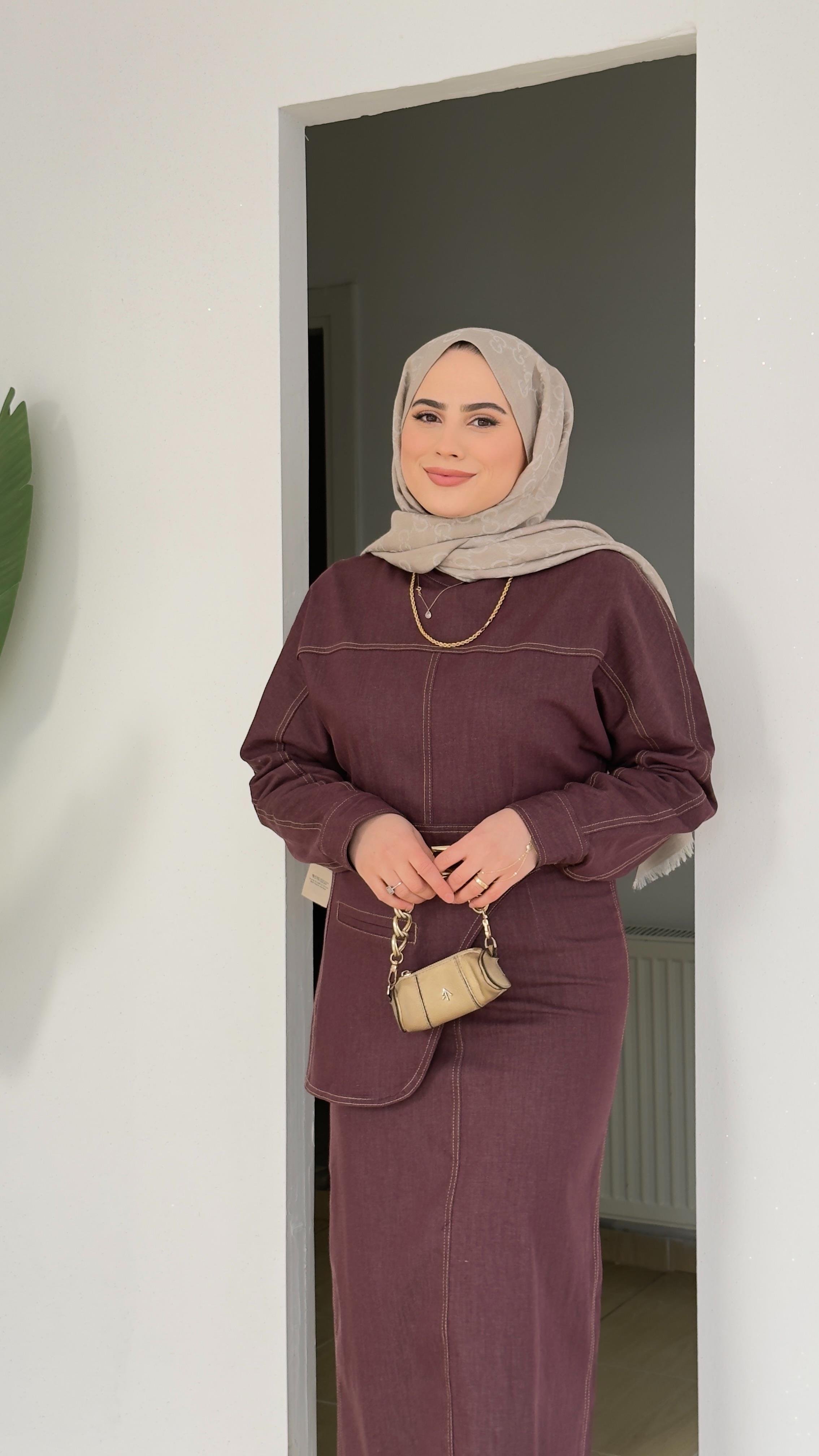 Kemer Detaylı Denim Elbise | Bordo