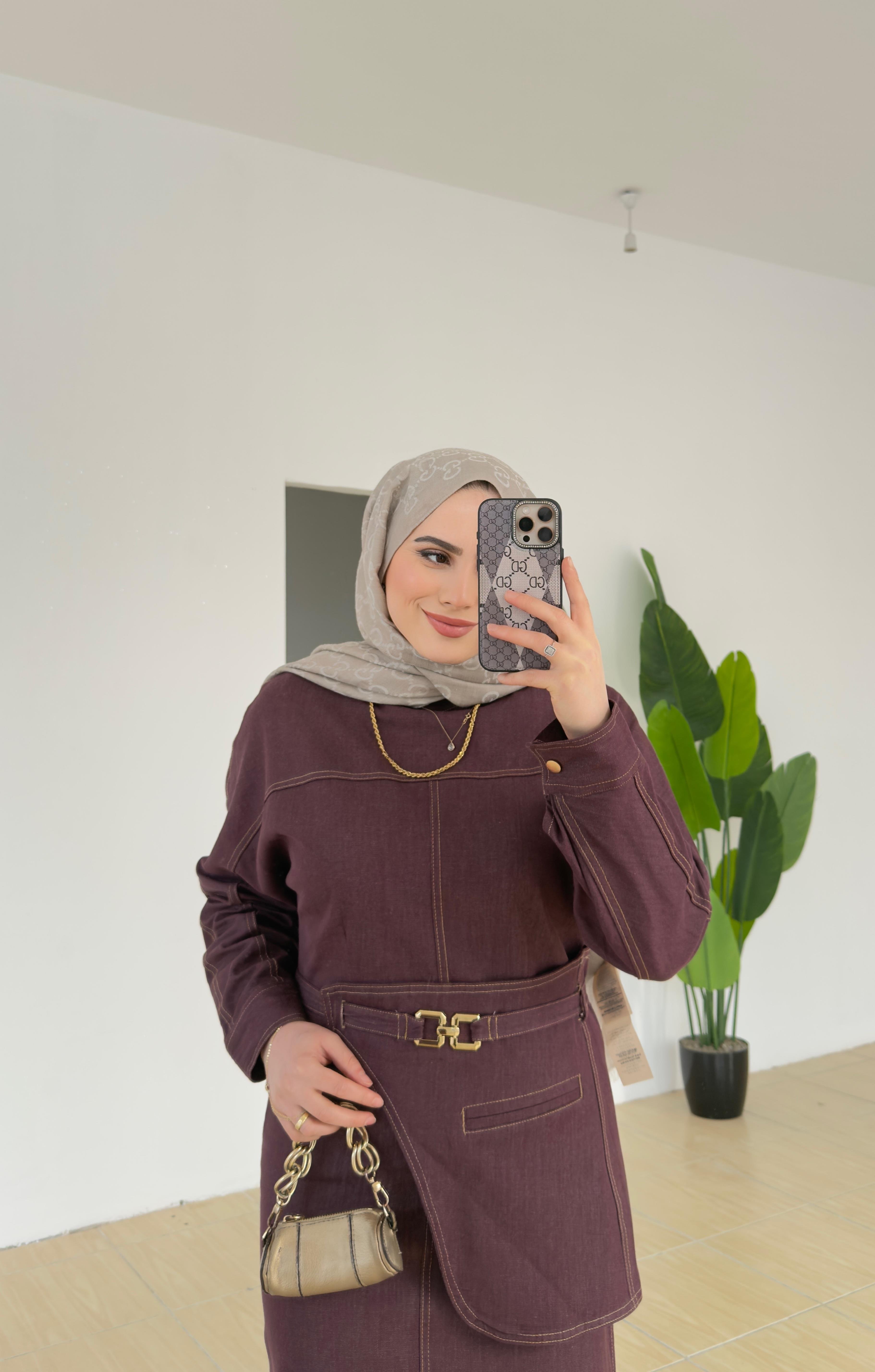 Kemer Detaylı Denim Elbise | Bordo
