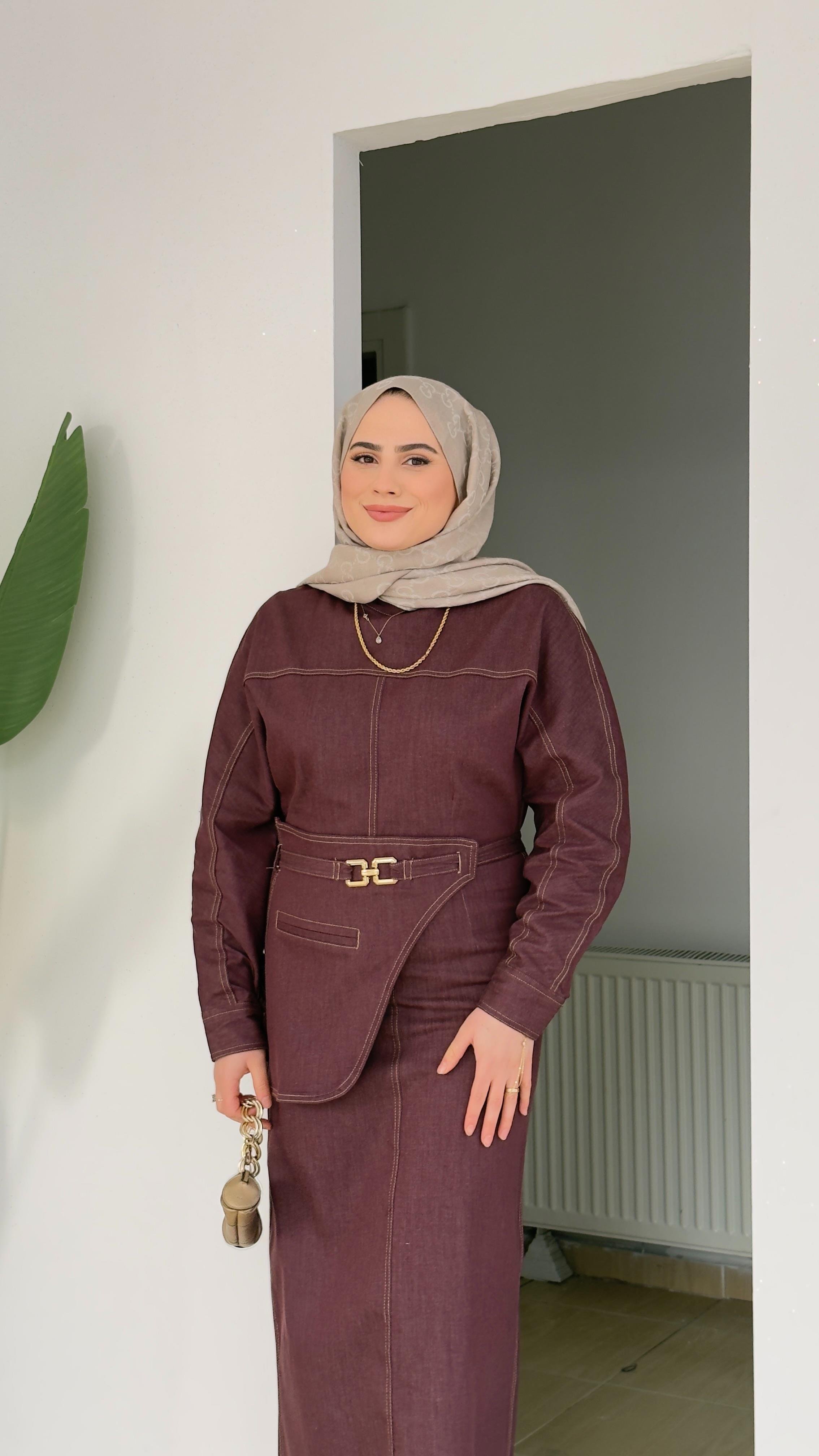Kemer Detaylı Denim Elbise | Bordo
