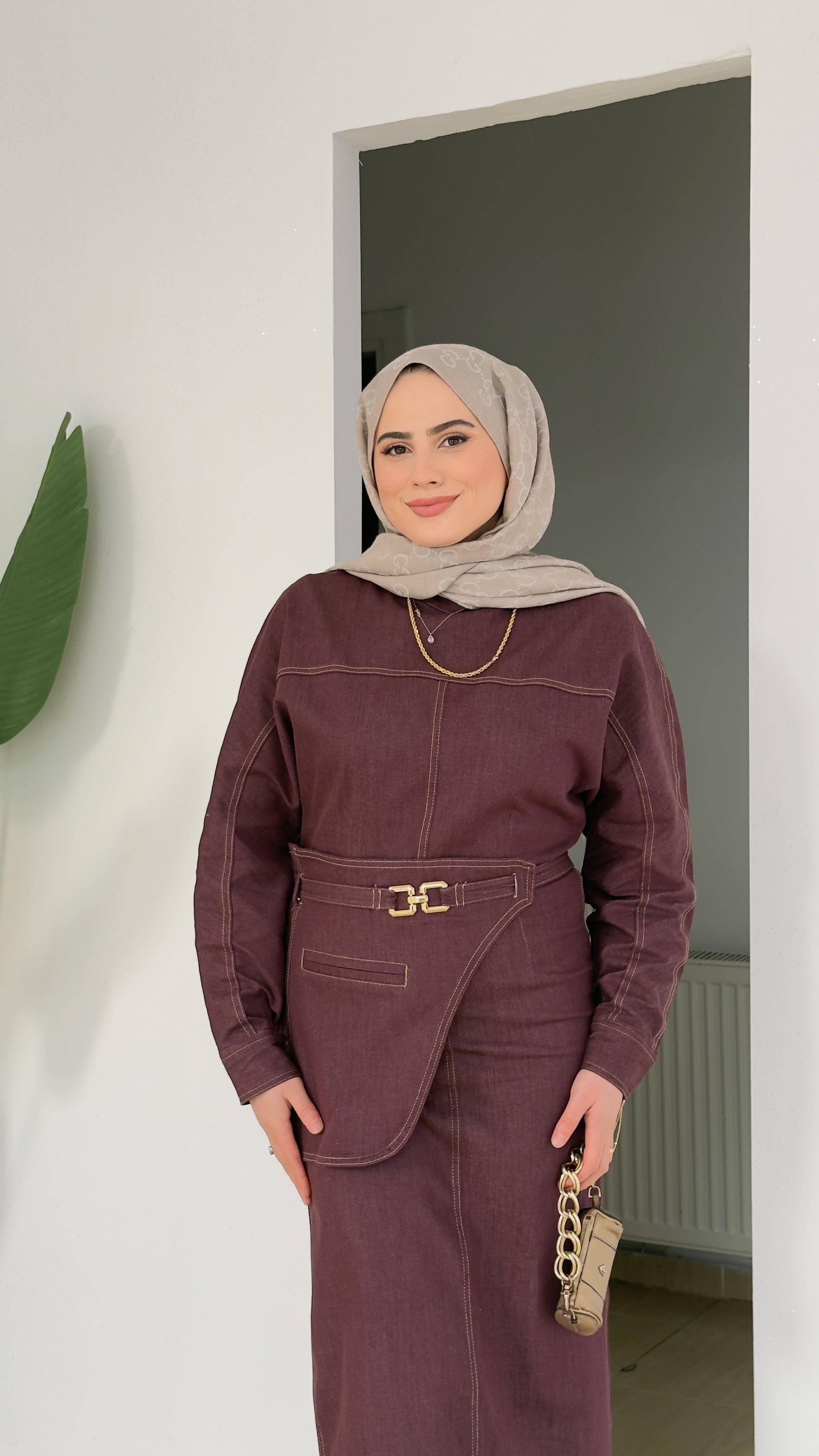 Kemer Detaylı Denim Elbise | Bordo