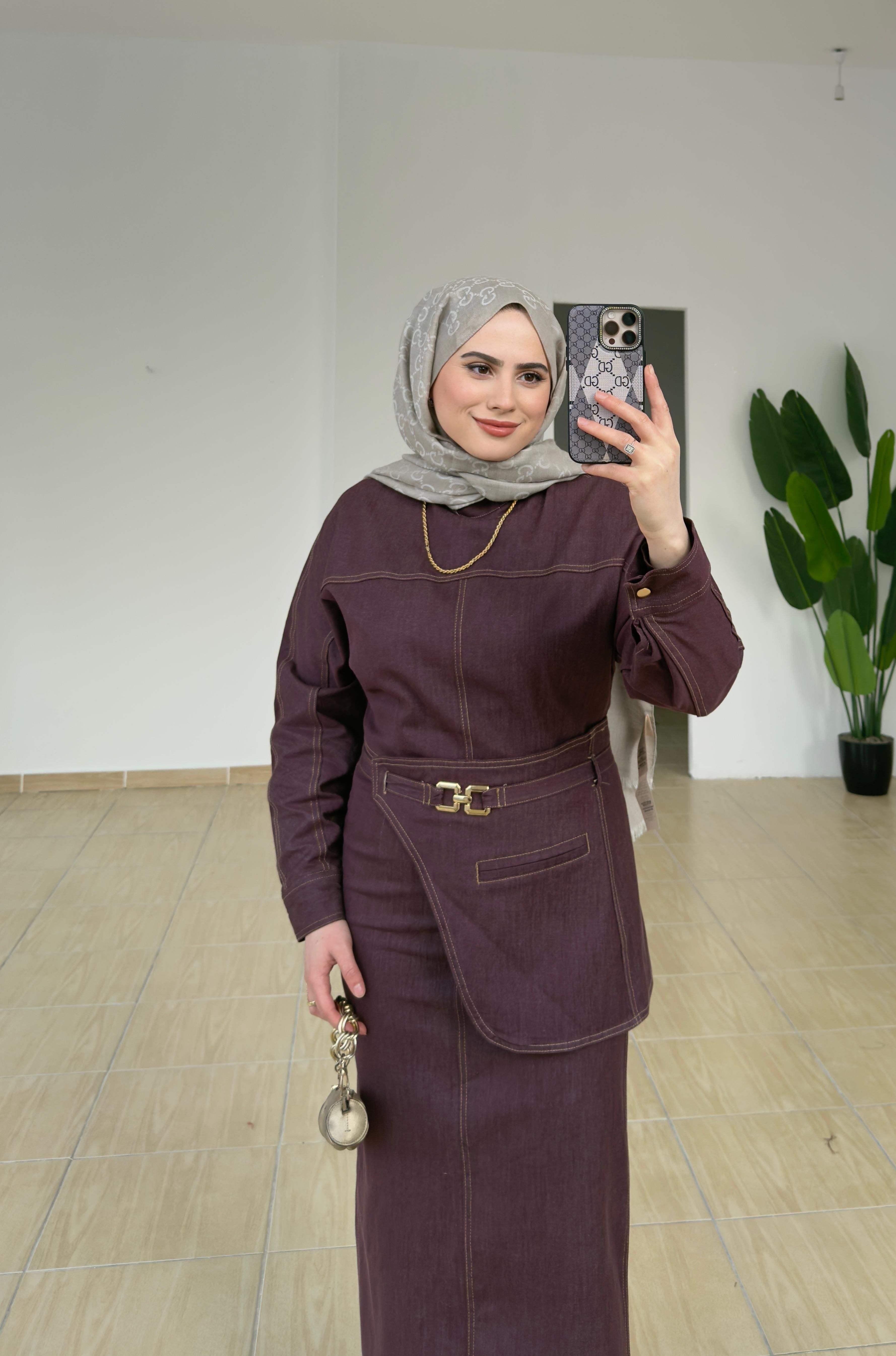 Kemer Detaylı Denim Elbise | Bordo