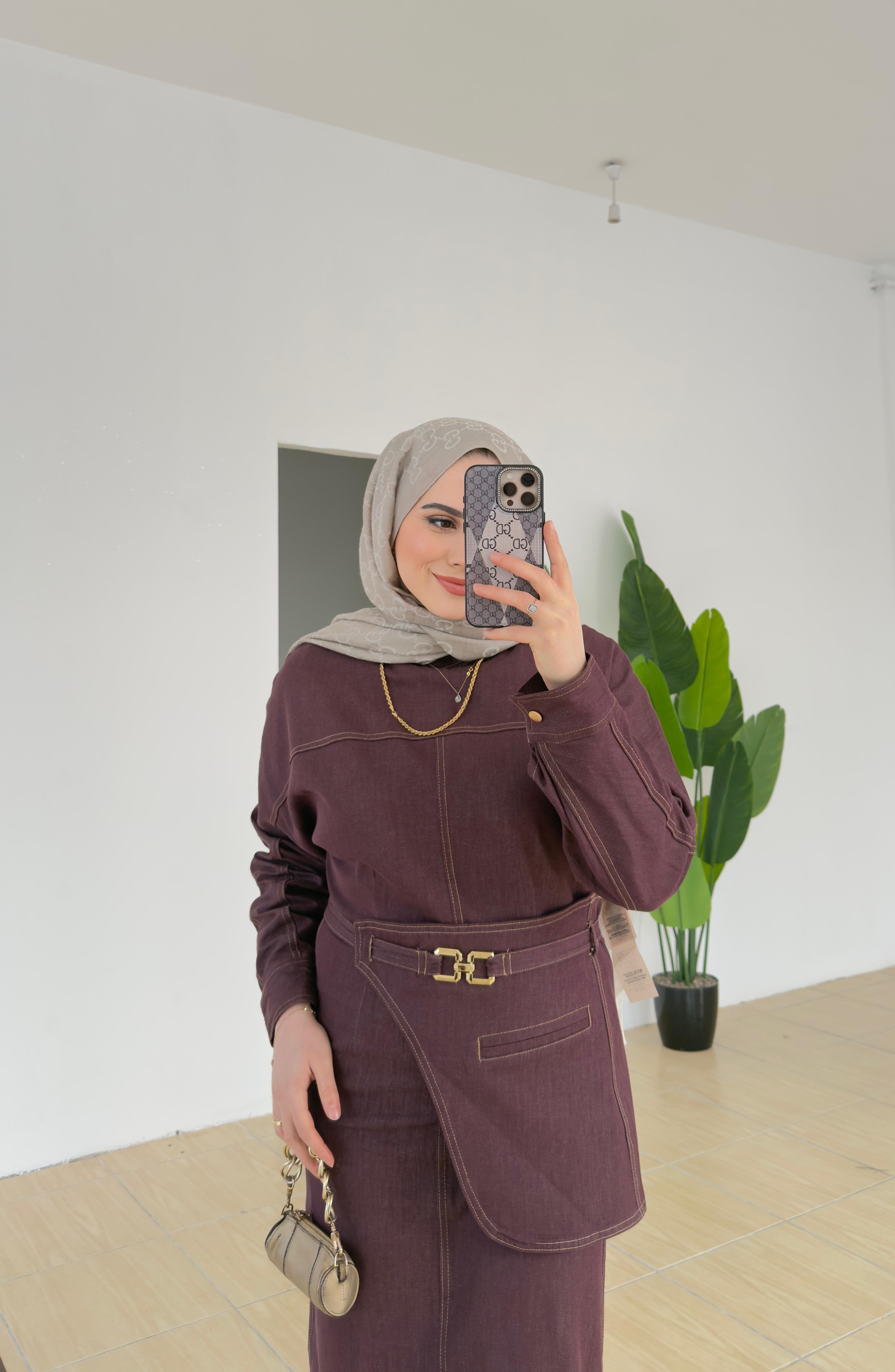 Kemer Detaylı Denim Elbise | Bordo