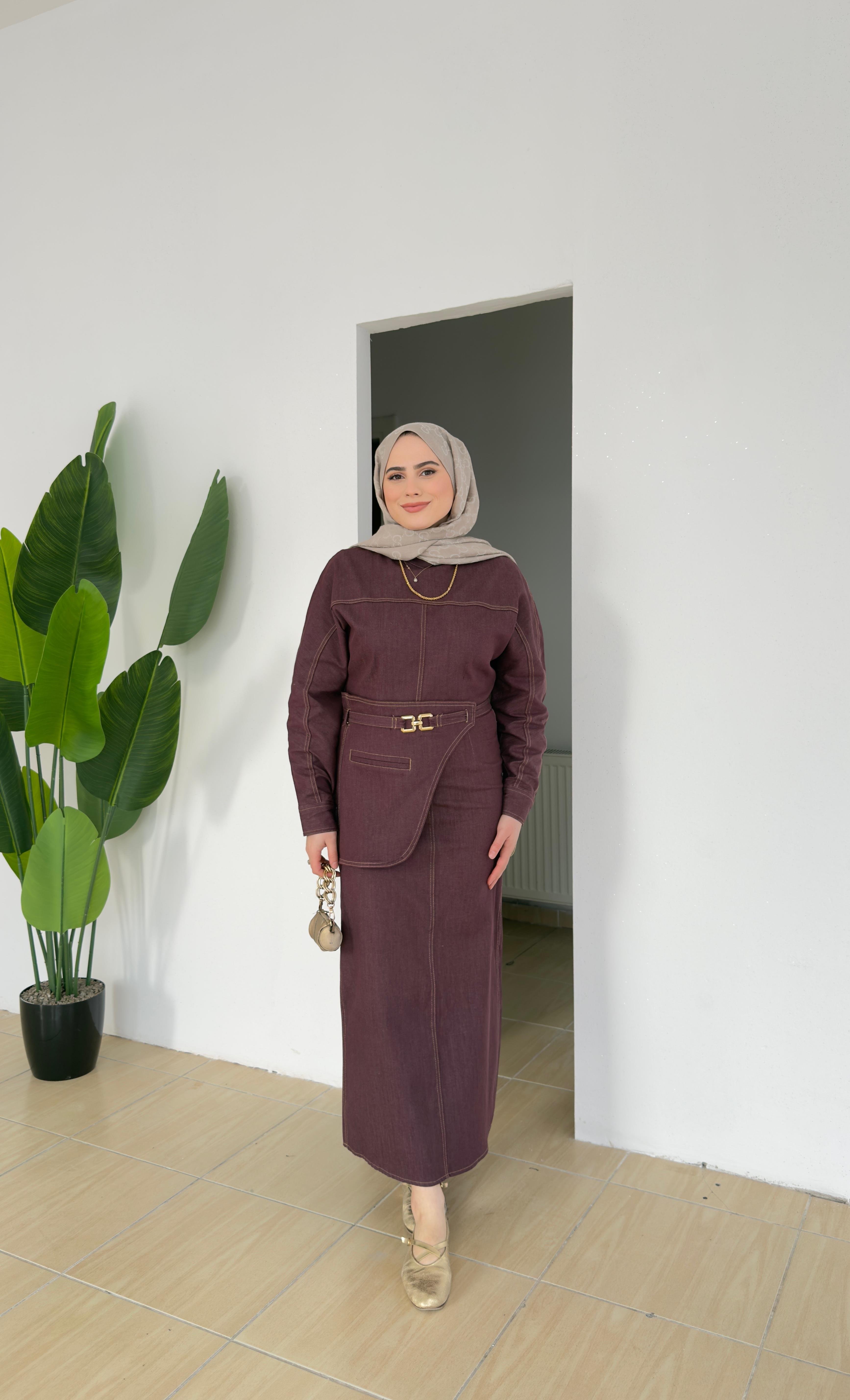 Kemer Detaylı Denim Elbise | Bordo