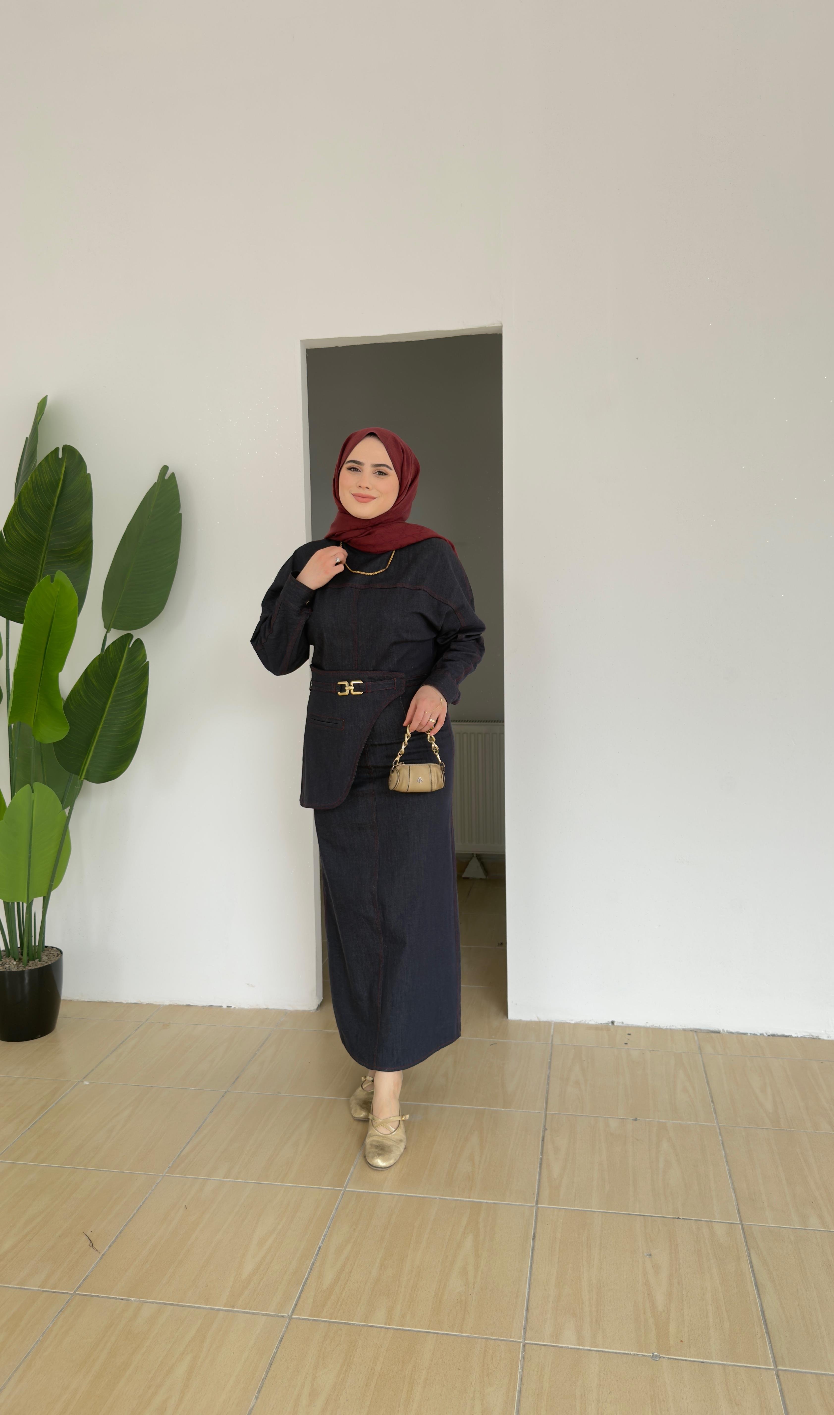 Kemer Detaylı Denim Elbise | Lacivert