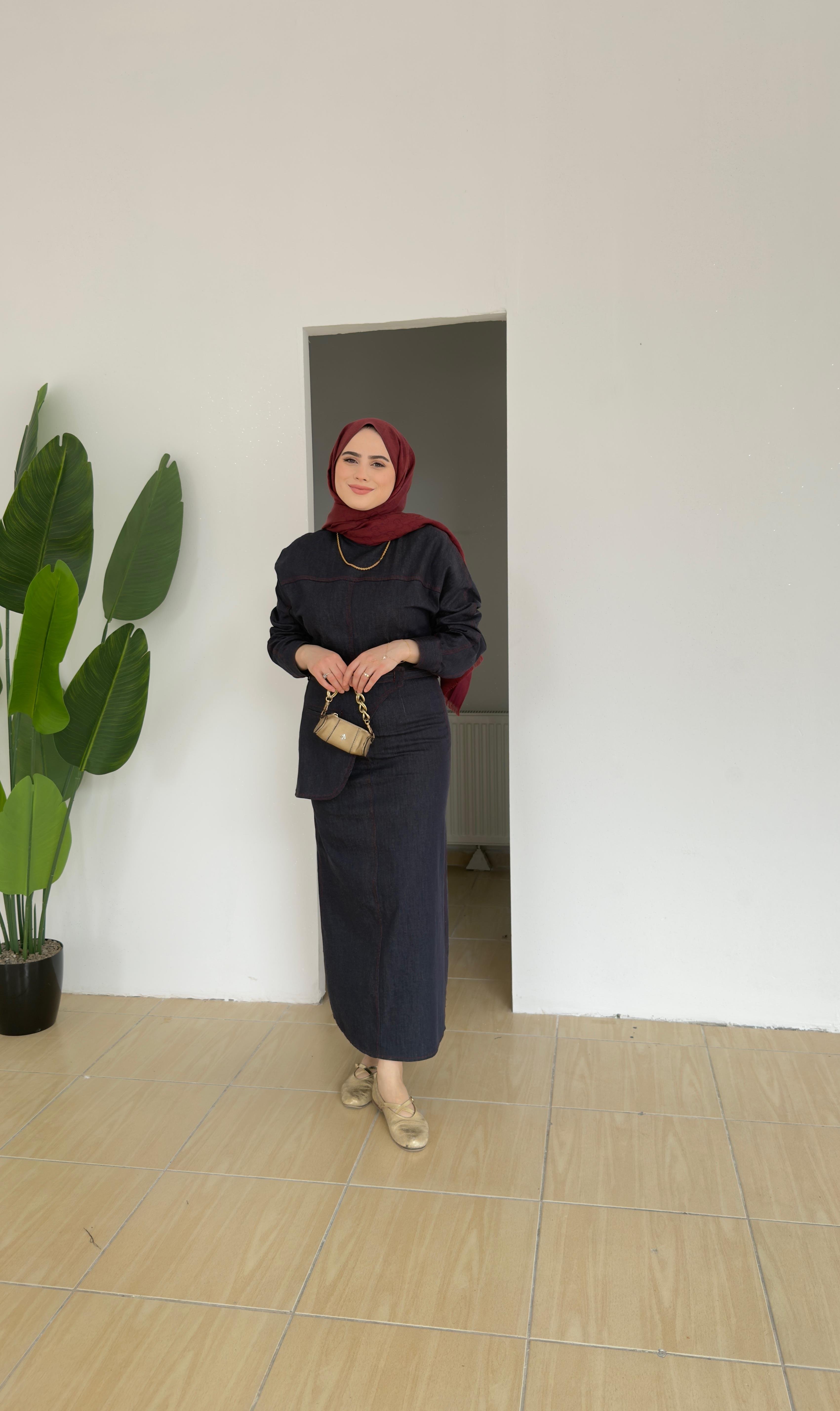 Kemer Detaylı Denim Elbise | Lacivert