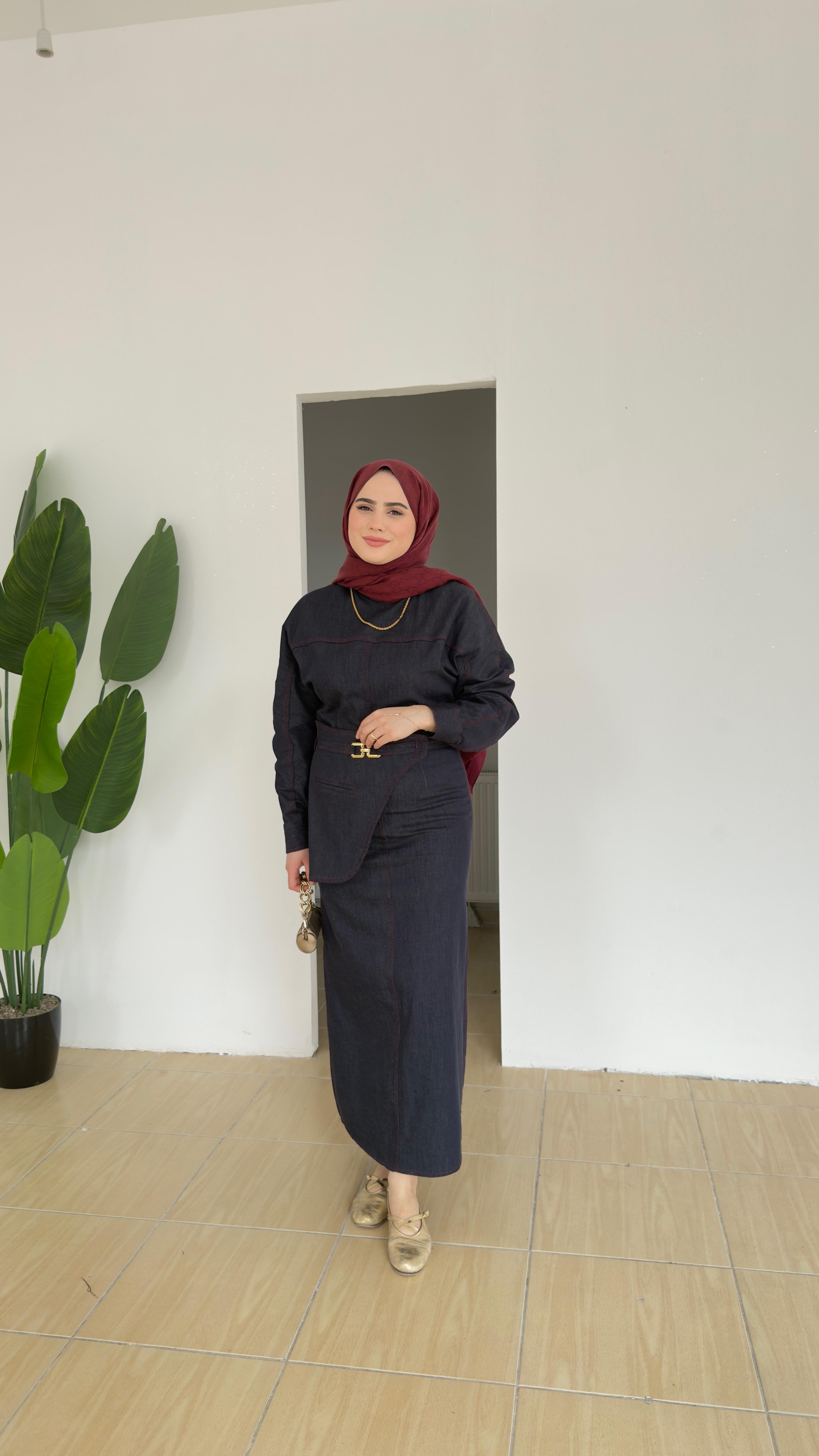 Kemer Detaylı Denim Elbise | Lacivert