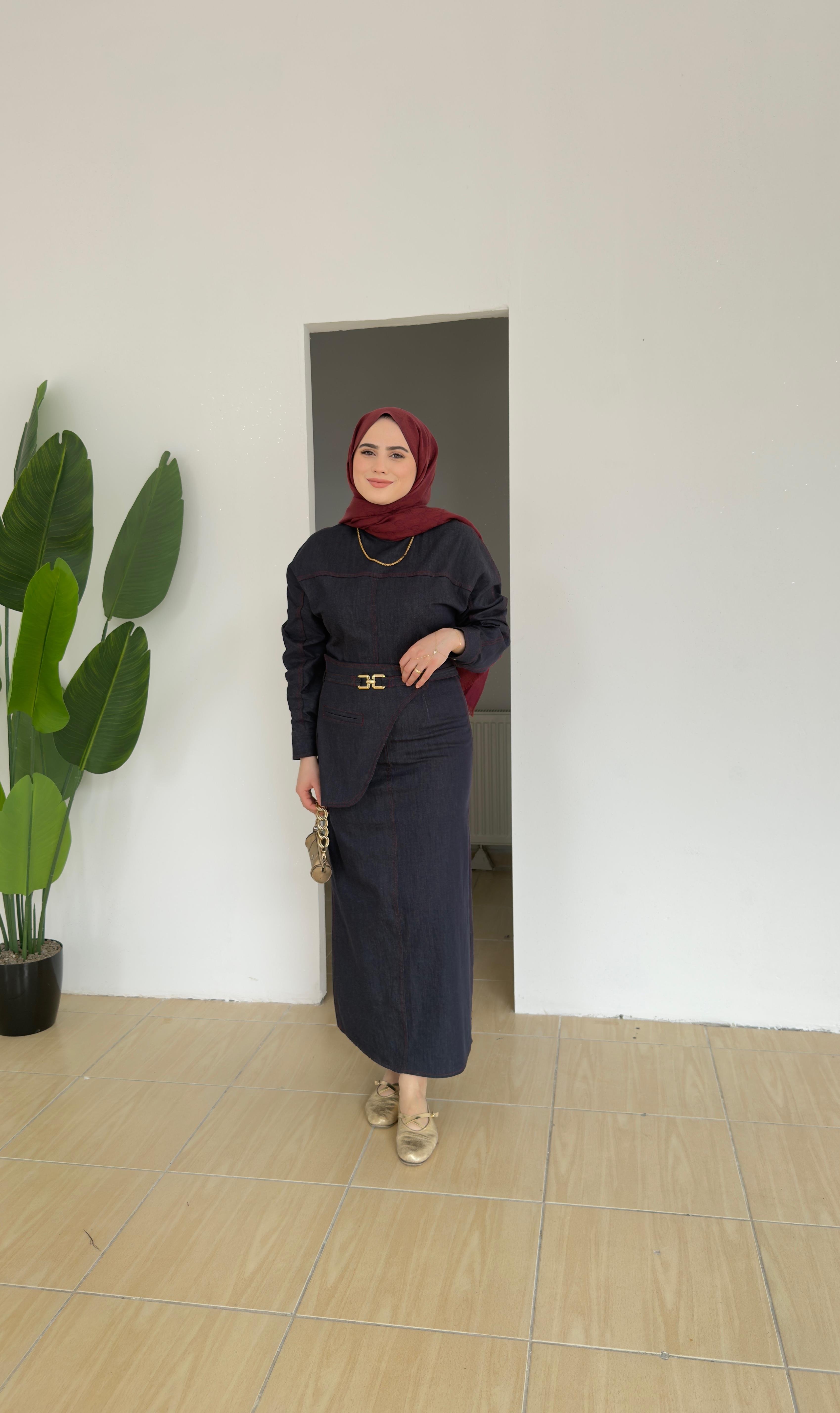 Kemer Detaylı Denim Elbise | Lacivert