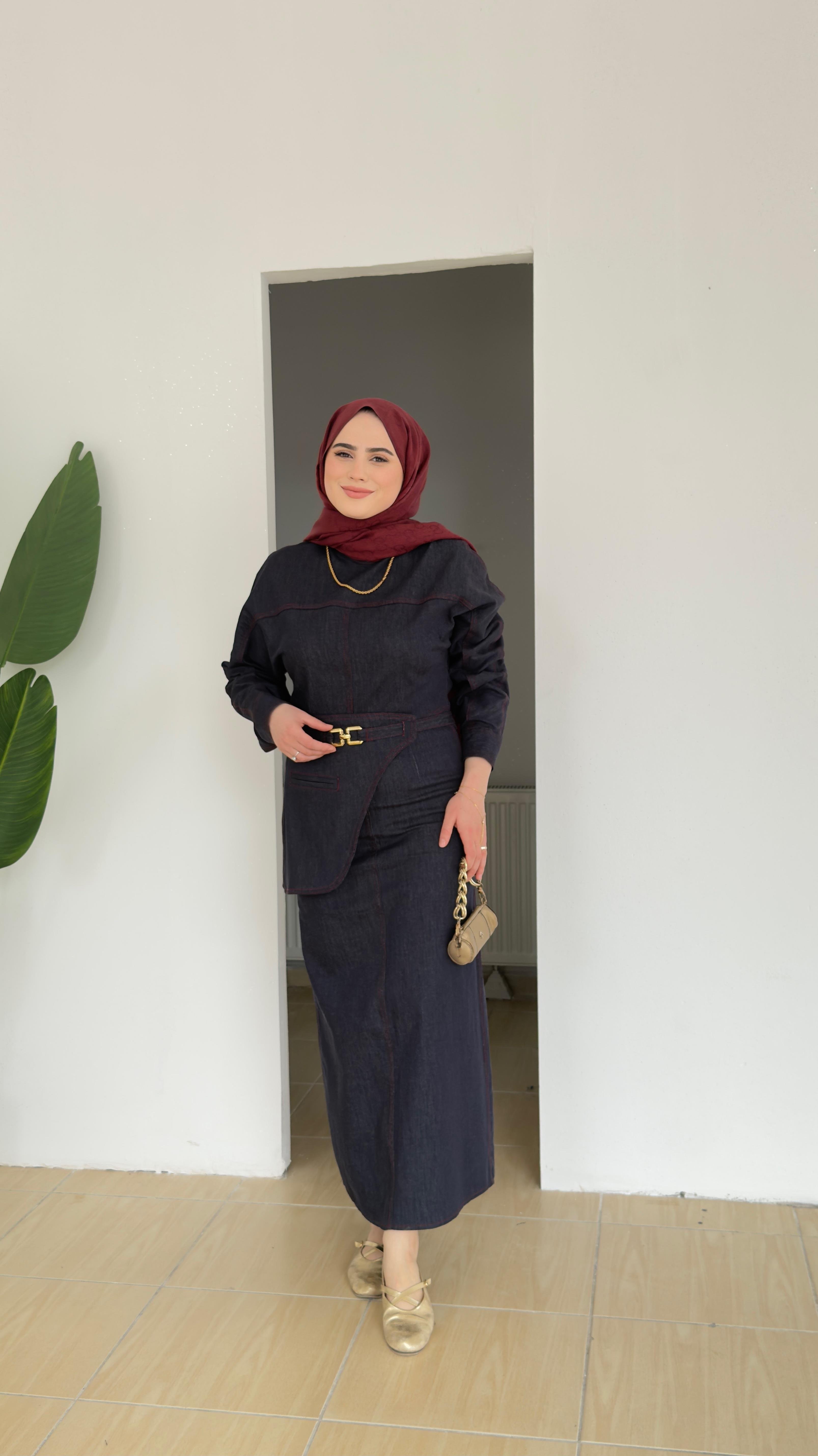 Kemer Detaylı Denim Elbise | Lacivert