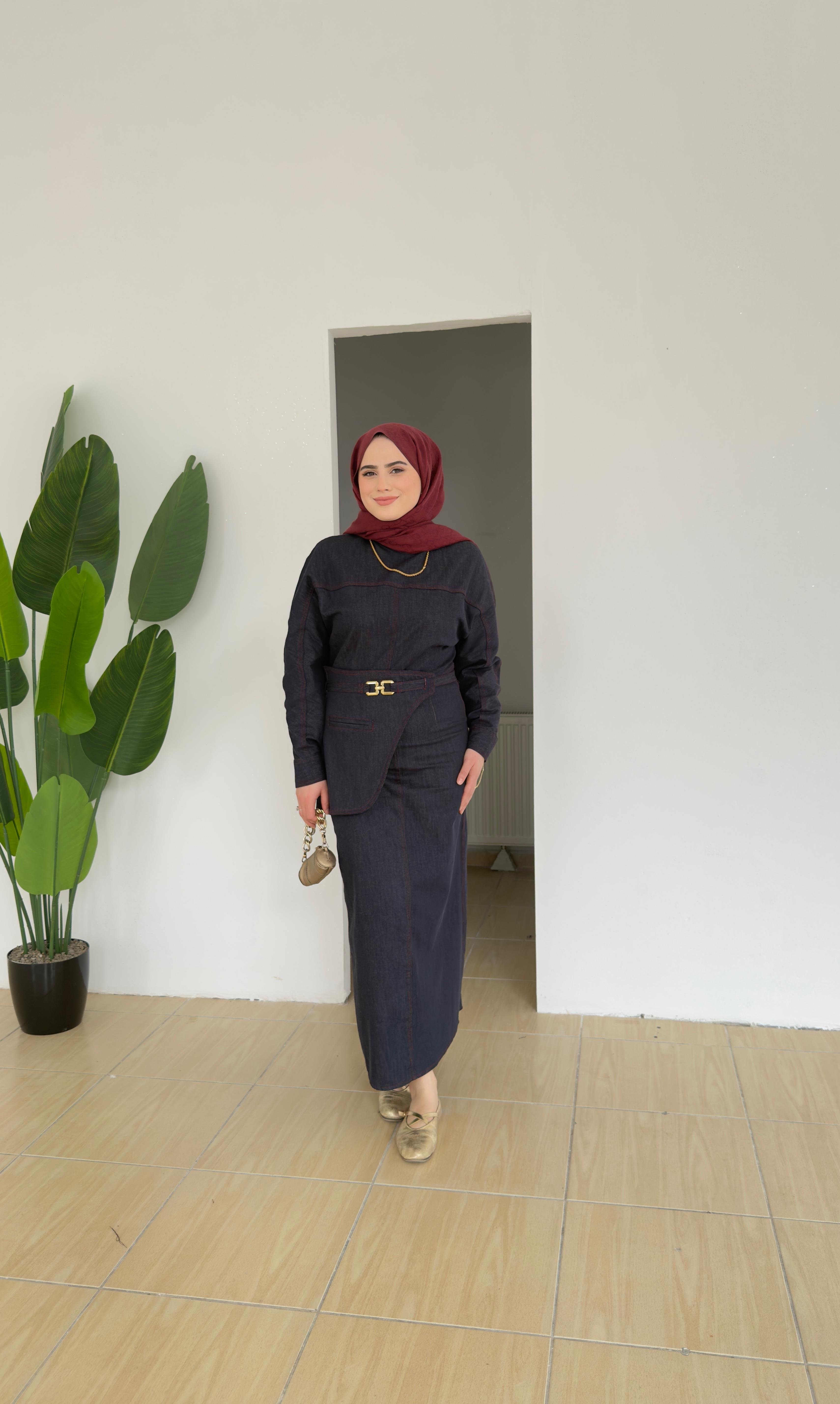 Kemer Detaylı Denim Elbise | Lacivert