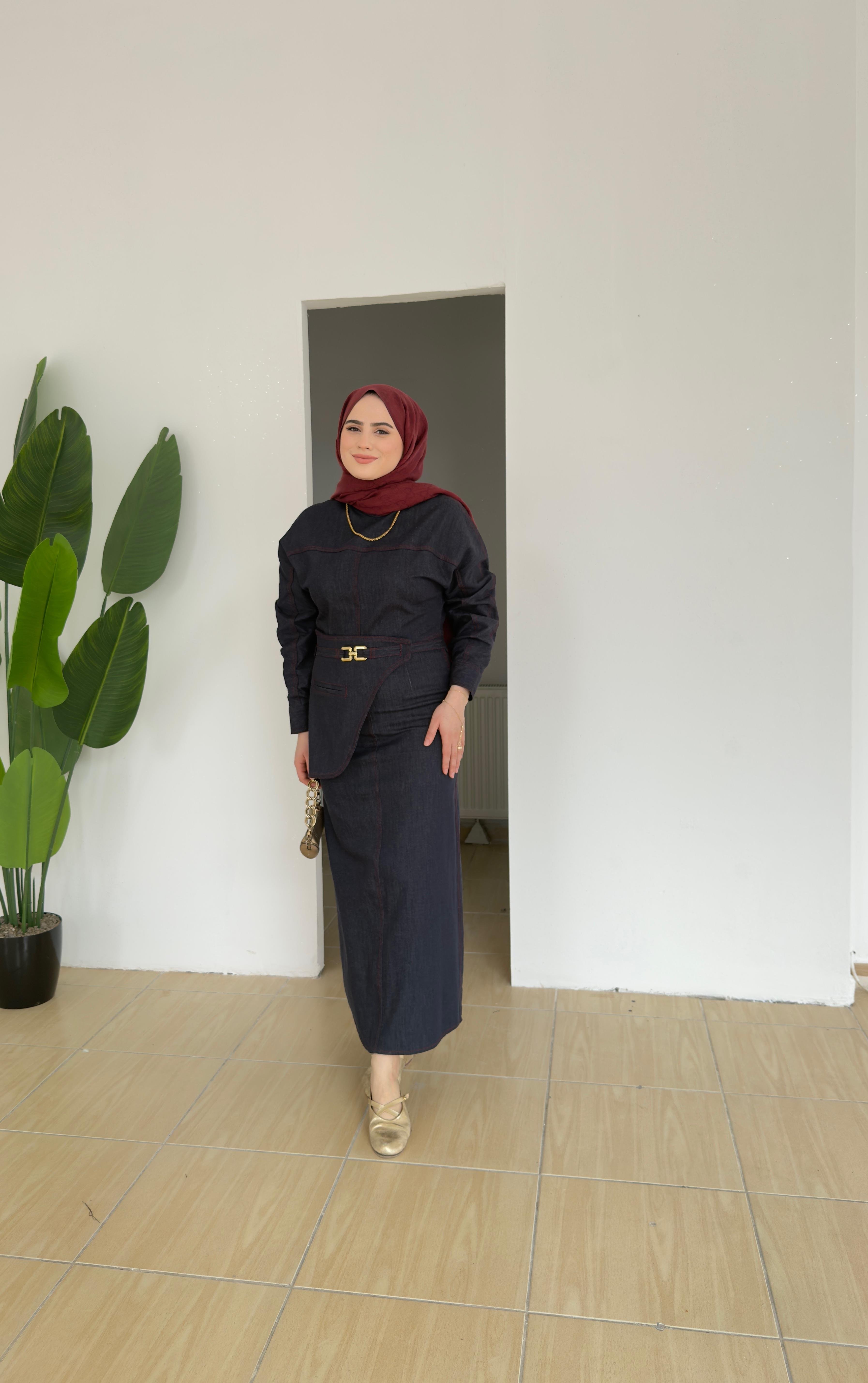 Kemer Detaylı Denim Elbise | Lacivert