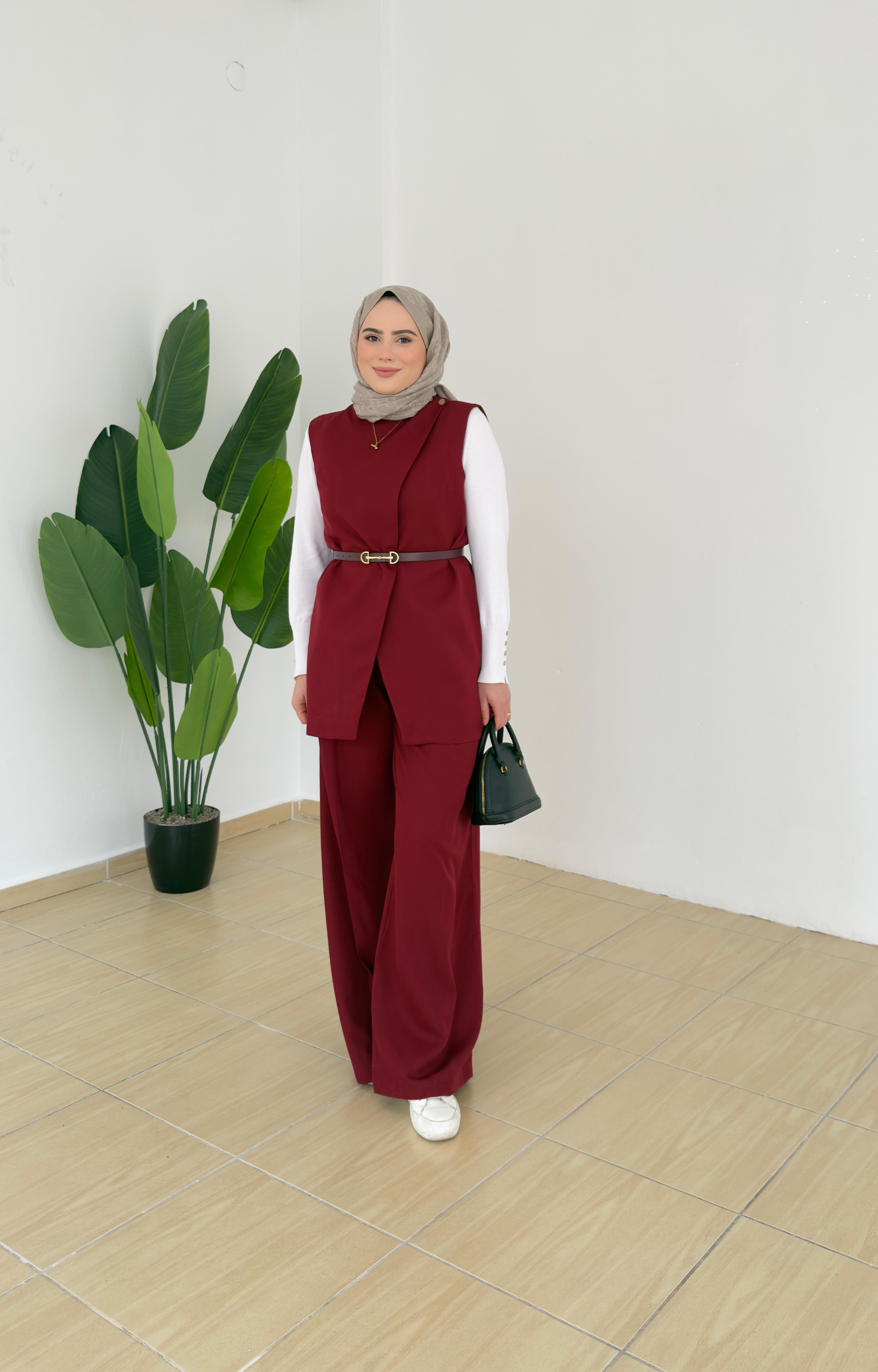 Kemerli Yelek Takım | Bordo