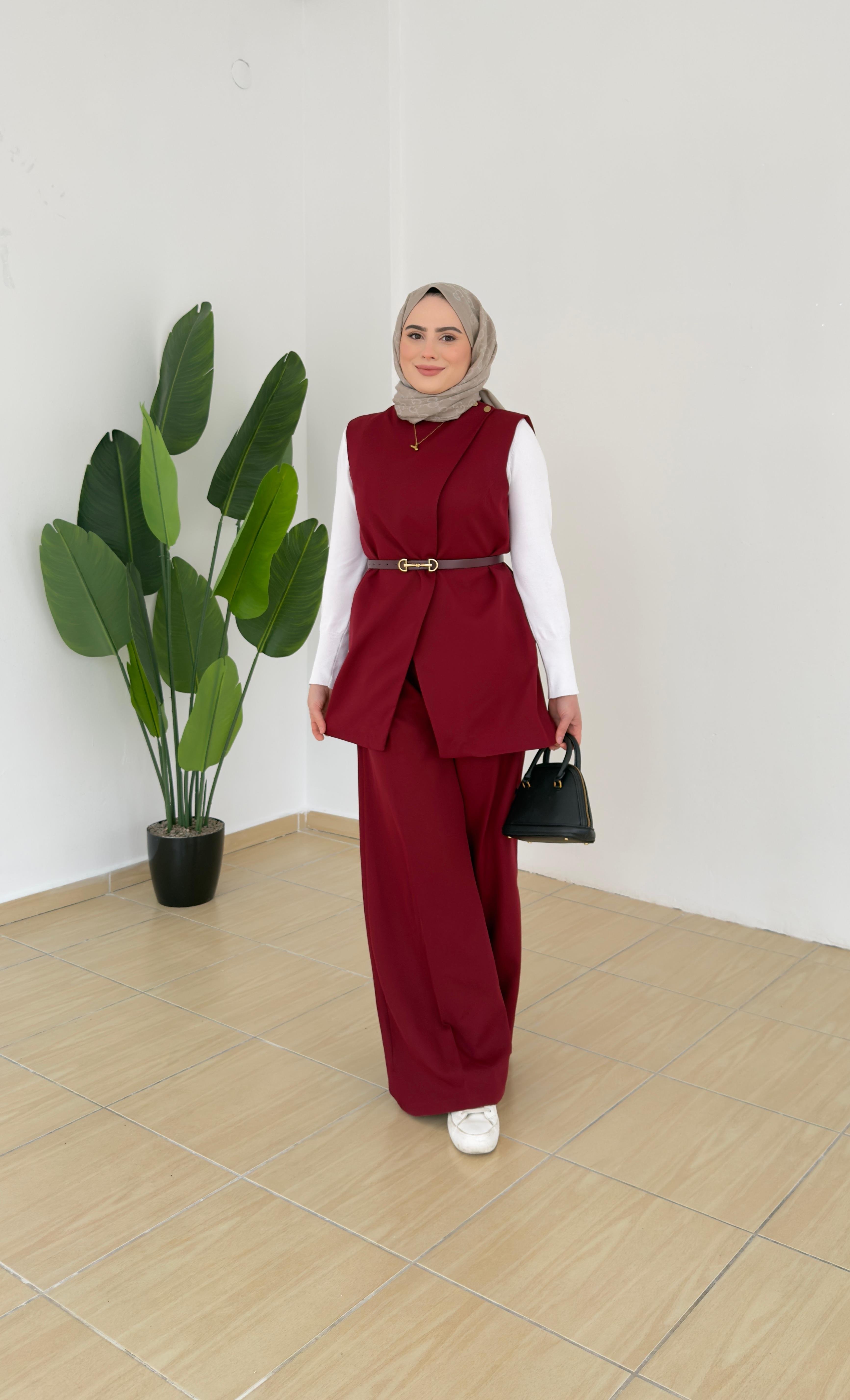 Kemerli Yelek Takım | Bordo
