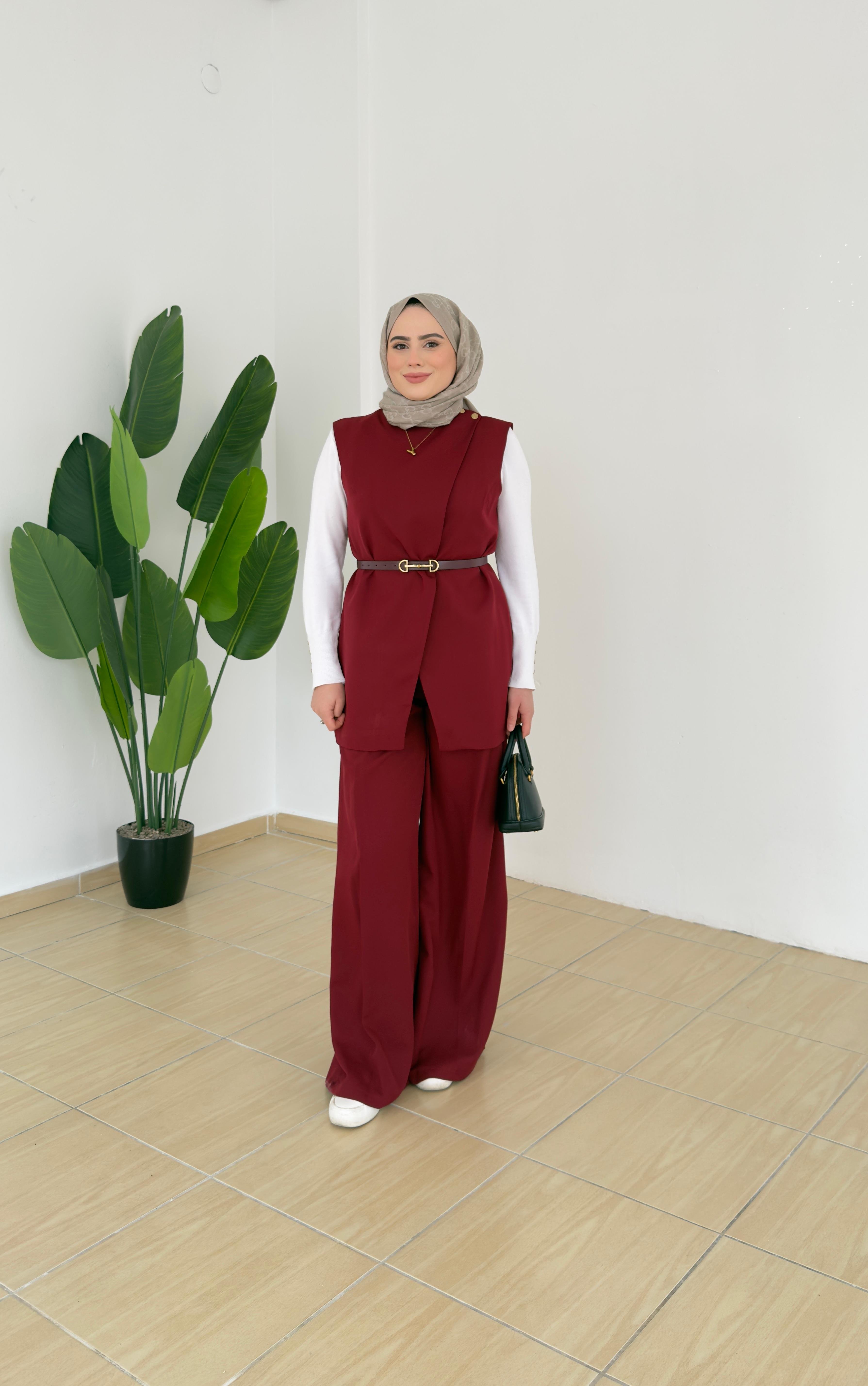 Kemerli Yelek Takım | Bordo
