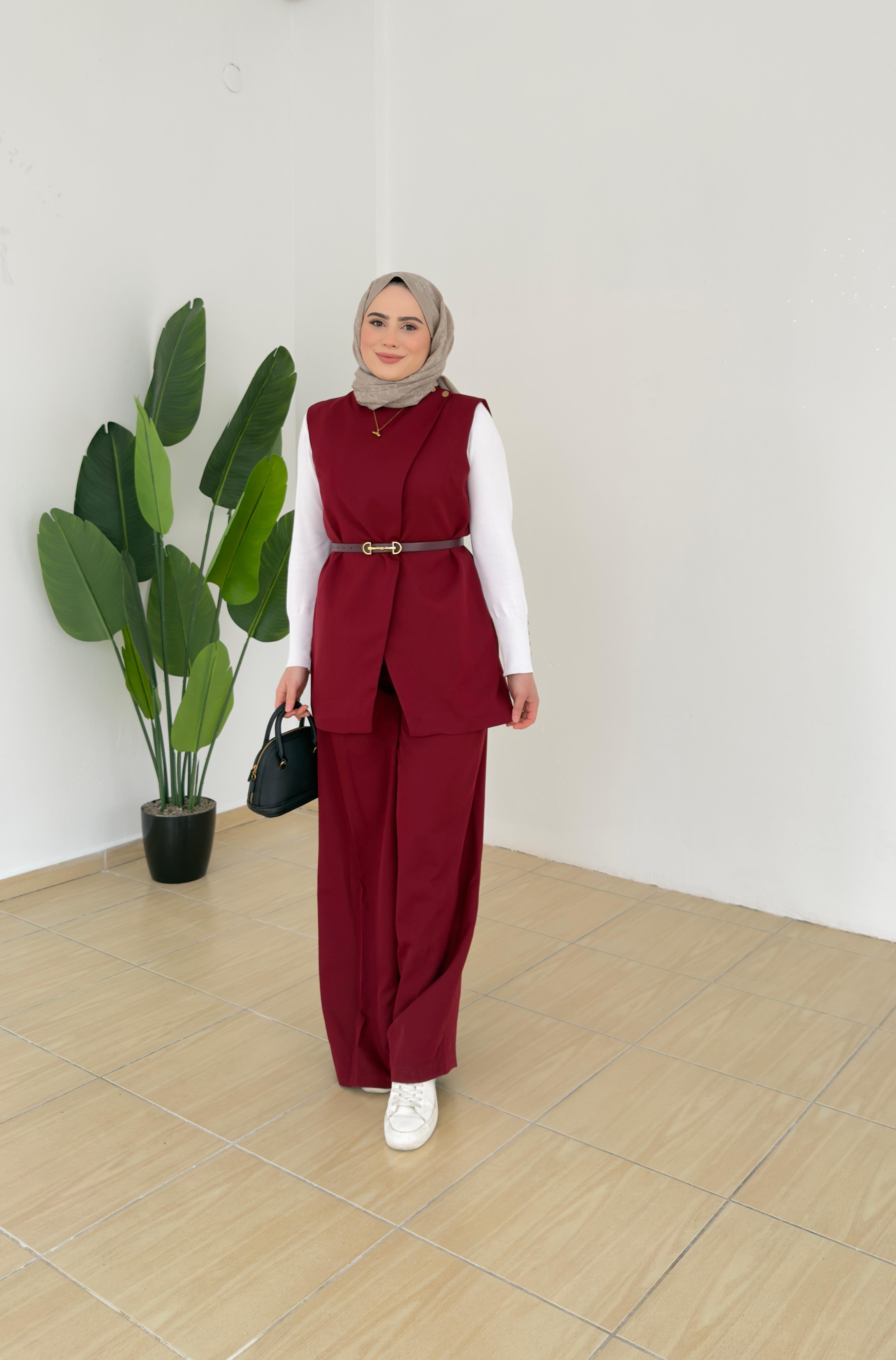 Kemerli Yelek Takım | Bordo
