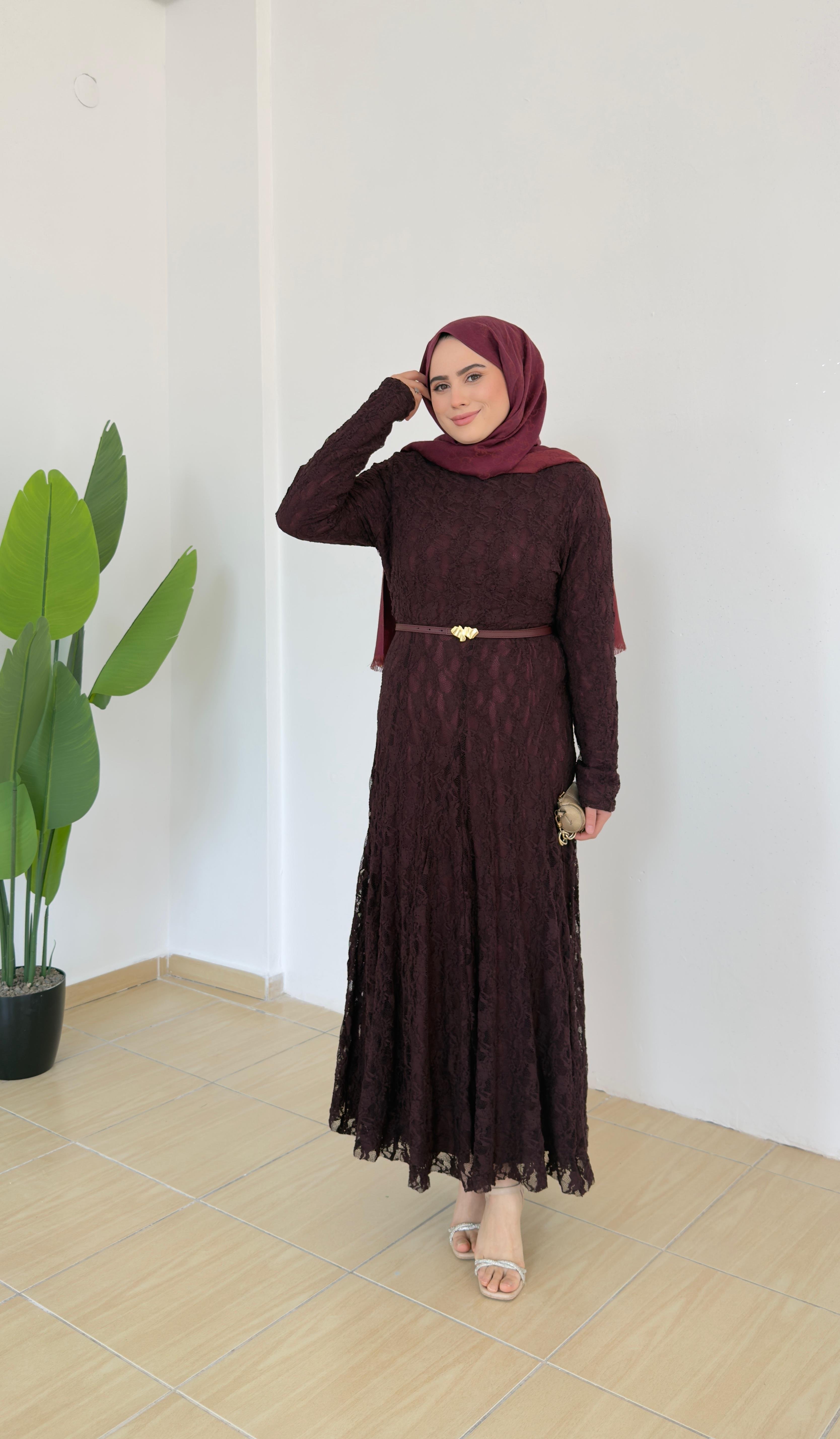 Olive Dantelli Elbise | Bordo