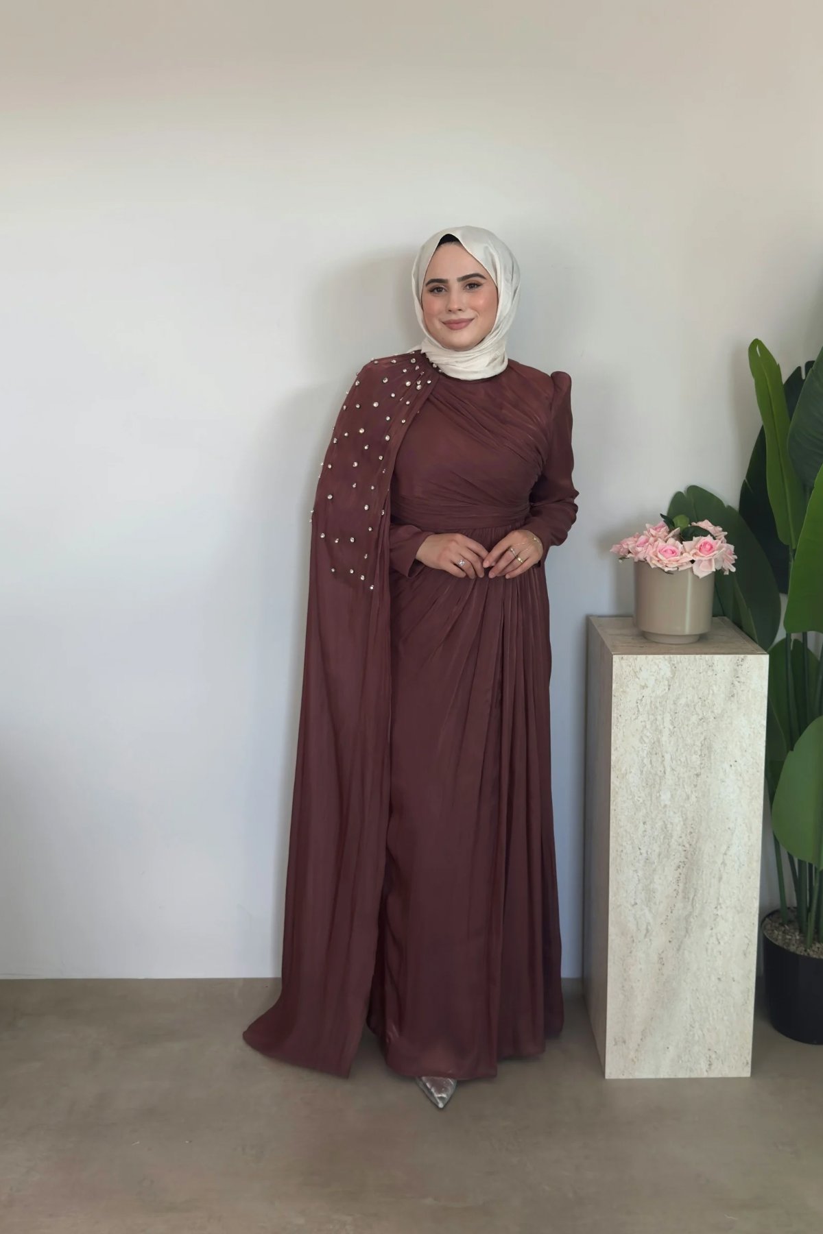 Rima Premium Taşlı Elbise | Kiremit