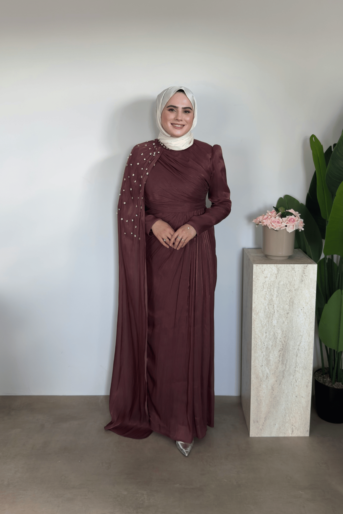 Rima Premium Taşlı Elbise | Kiremit