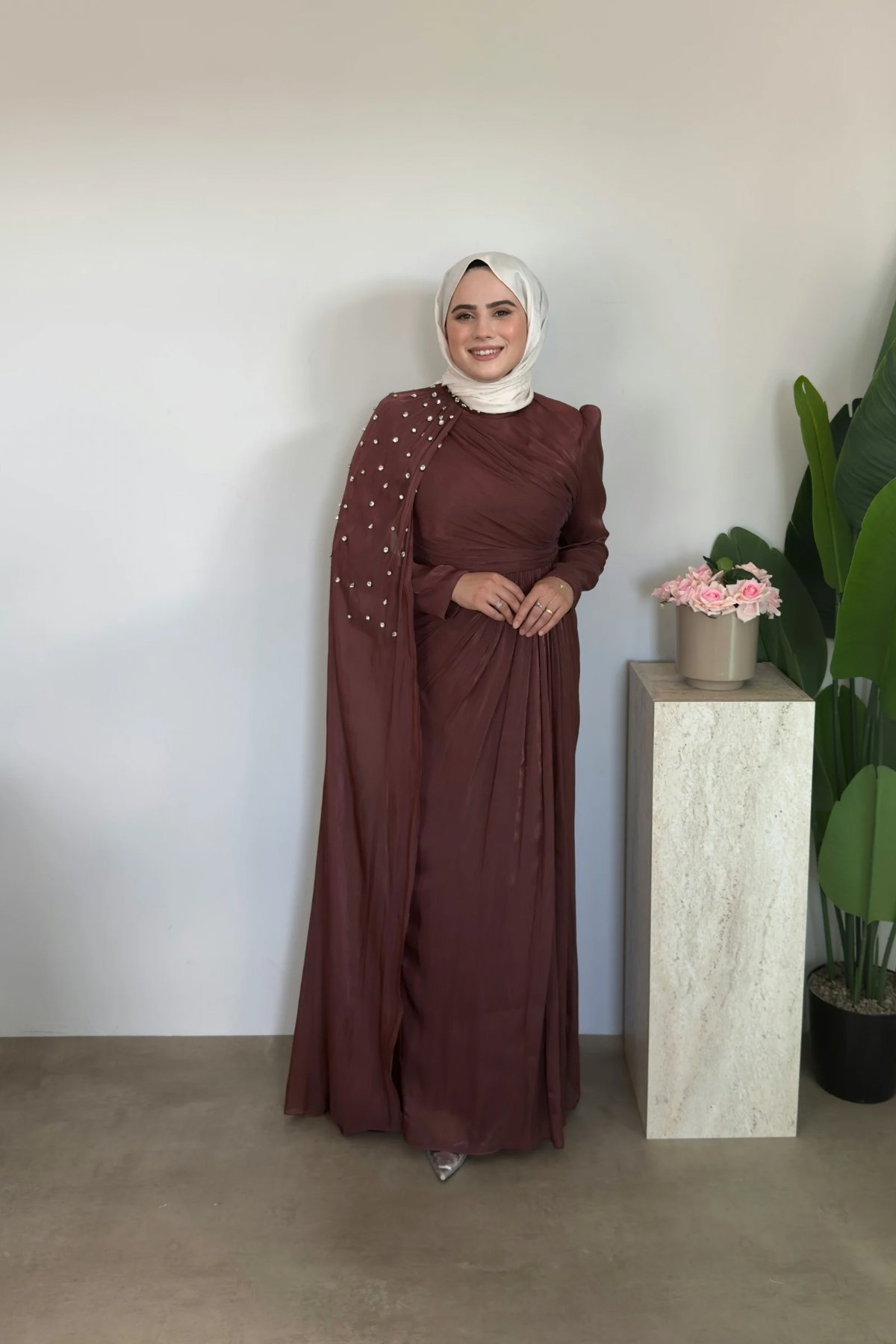 Rima Premium Taşlı Elbise | Kiremit