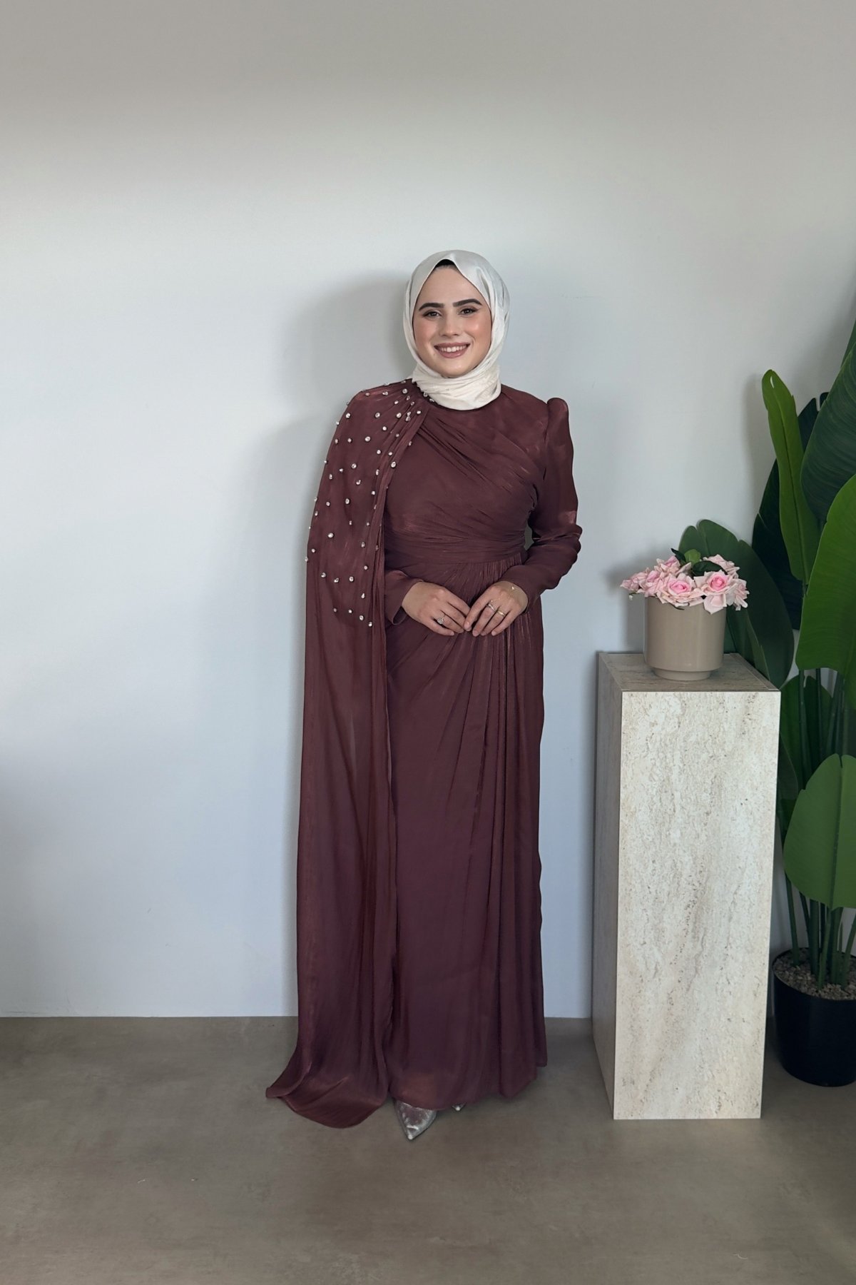 Rima Premium Taşlı Elbise | Kiremit